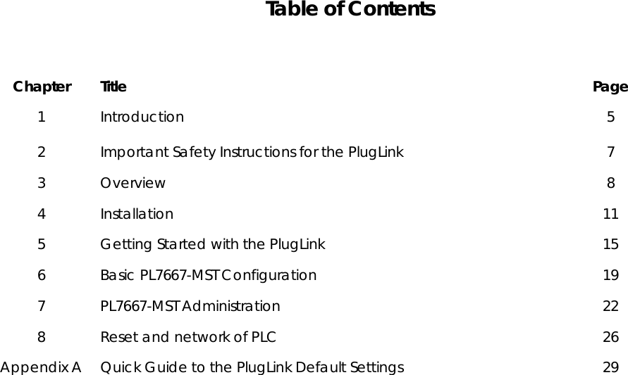 Table of Contents    Chapter Title  Page 1 Introduction  5 2  Important Safety Instructions for the PlugLink   7 3 Overview  8 4 Installation  11 5  Getting Started with the PlugLink   15 6  Basic PL7667-MST Configuration  19 7 PL7667-MST Administration  22 8             Reset and network of PLC  26 Appendix A   Quick Guide to the PlugLink Default Settings  29   