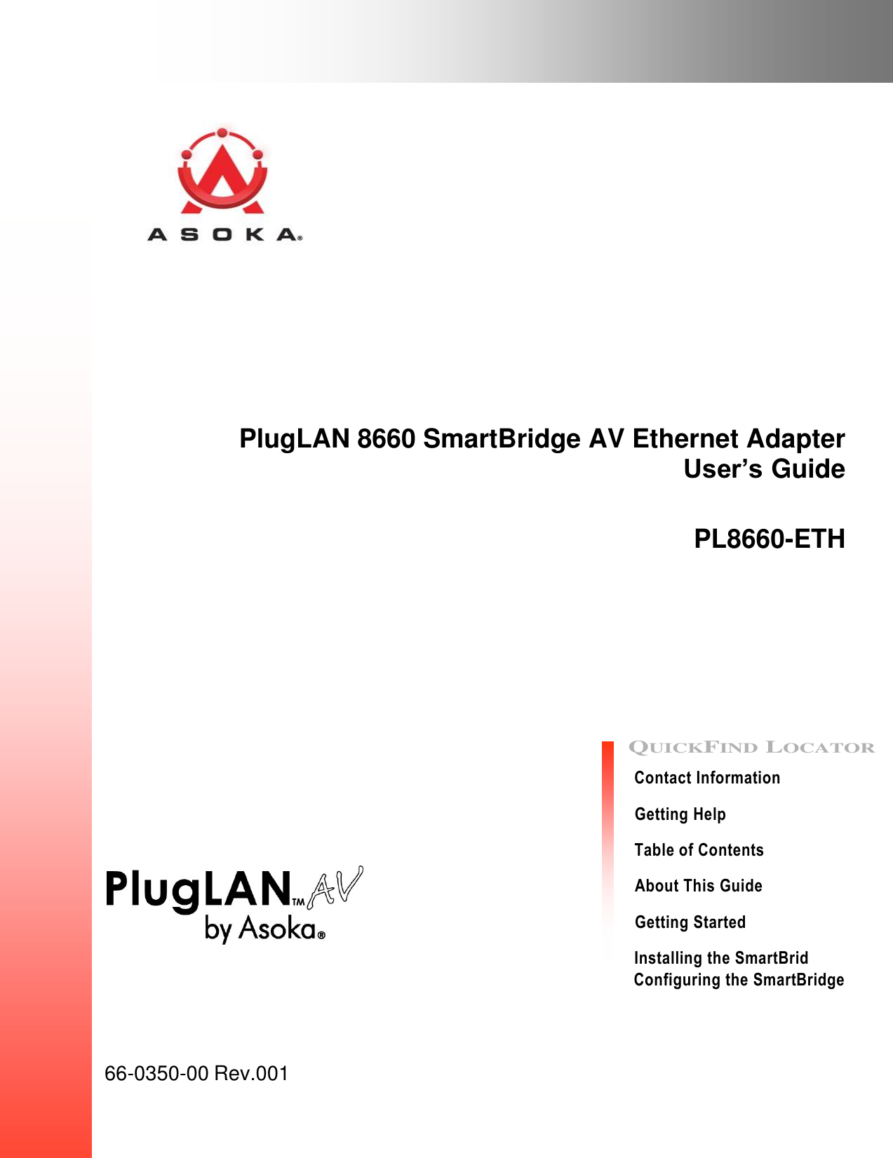                 PlugLAN 8660 SmartBridge AV Ethernet Adapter  User’s Guide   PL8660-ETH             QUICKFIND LOCATOR  Contact Information  Getting Help  Table of Contents  About This Guide  Getting Started  Installing the SmartBrid Configuring the SmartBridge     66-0350-00 Rev.001 