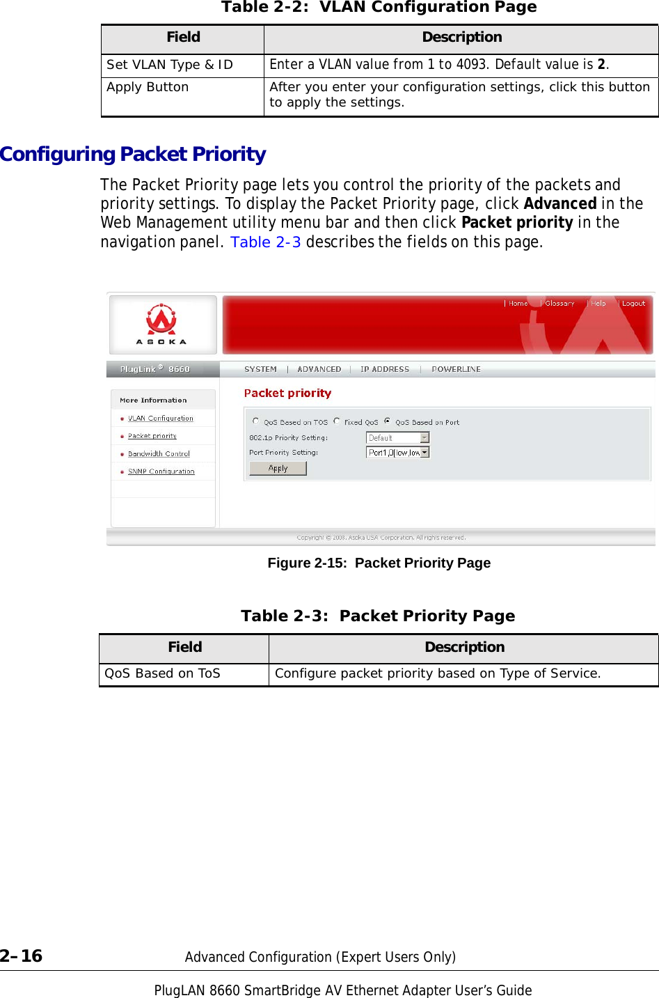 PlugLAN 8660 SmartBridge AV Ethernet Adapter User’s Guide Table 2-2:  VLAN Configuration Page  Field Description Set VLAN Type &amp; ID Enter a VLAN value from 1 to 4093. Default value is 2. Apply Button After you enter your configuration settings, click this button to apply the settings.   Configuring Packet Priority  The Packet Priority page lets you control the priority of the packets and priority settings. To display the Packet Priority page, click Advanced in the Web Management utility menu bar and then click Packet priority in the navigation panel. Table 2-3 describes the fields on this page.                      Figure 2-15:  Packet Priority Page   Table 2-3:  Packet Priority Page  Field Description QoS Based on ToS Configure packet priority based on Type of Service.                   2–16  Advanced Configuration (Expert Users Only) 