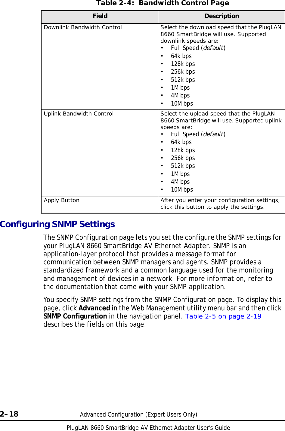 PlugLAN 8660 SmartBridge AV Ethernet Adapter User’s Guide Table 2-4:  Bandwidth Control Page  Field Description Downlink Bandwidth Control Select the download speed that the PlugLAN 8660 SmartBridge will use. Supported downlink speeds are: •  Full Speed (default) • 64k bps • 128k bps • 256k bps • 512k bps • 1M bps • 4M bps • 10M bps Uplink Bandwidth Control Select the upload speed that the PlugLAN 8660 SmartBridge will use. Supported uplink speeds are: •  Full Speed (default) • 64k bps • 128k bps • 256k bps • 512k bps • 1M bps • 4M bps • 10M bps Apply Button After you enter your configuration settings, click this button to apply the settings.  Configuring SNMP Settings  The SNMP Configuration page lets you set the configure the SNMP settings for your PlugLAN 8660 SmartBridge AV Ethernet Adapter. SNMP is an application-layer protocol that provides a message format for communication between SNMP managers and agents. SNMP provides a standardized framework and a common language used for the monitoring and management of devices in a network. For more information, refer to the documentation that came with your SNMP application.  You specify SNMP settings from the SNMP Configuration page. To display this page, click Advanced in the Web Management utility menu bar and then click SNMP Configuration in the navigation panel. Table 2-5 on page 2-19 describes the fields on this page.              2–18  Advanced Configuration (Expert Users Only) 