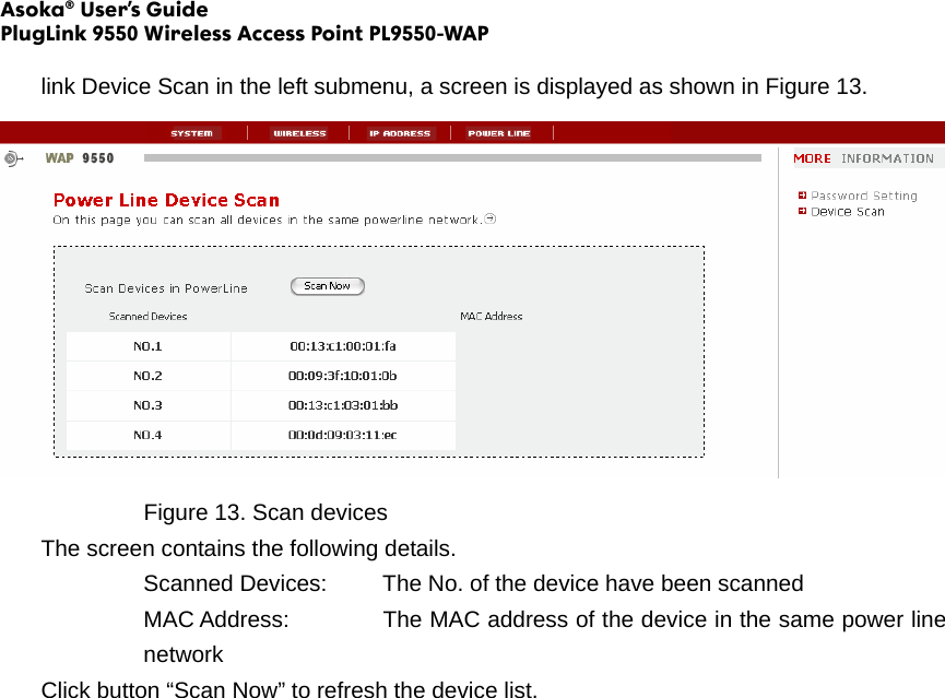 Asoka® User’s Guide PlugLink 9550 Wireless Access Point PL9550-WAP  link Device Scan in the left submenu, a screen is displayed as shown in Figure 13.     Figure 13. Scan devices The screen contains the following details. Scanned Devices:   The No. of the device have been scanned MAC Address:    The MAC address of the device in the same power line network Click button “Scan Now” to refresh the device list. 