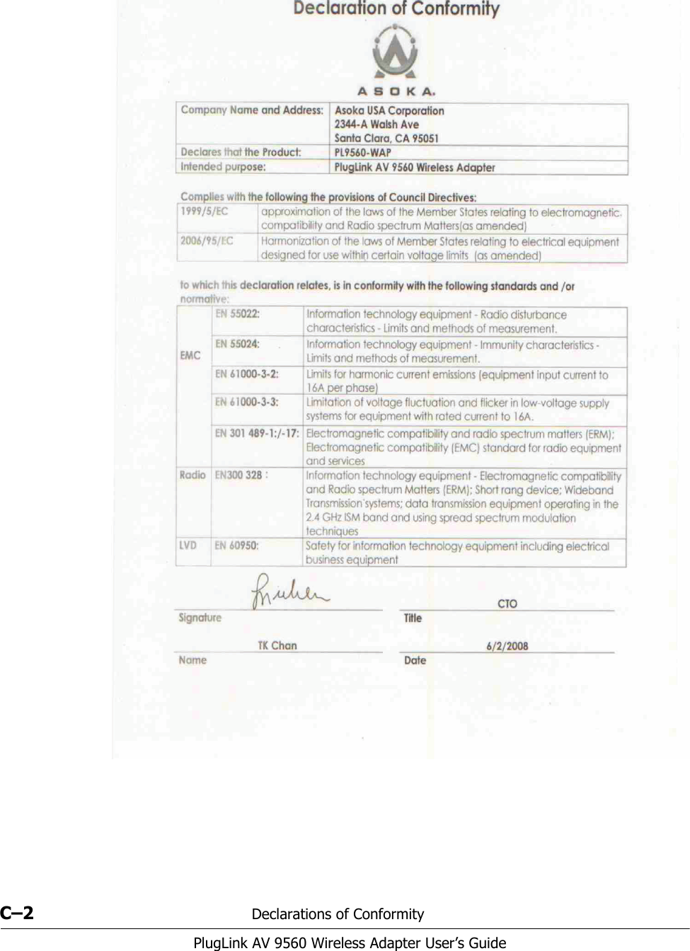 C–2 Declarations of ConformityPlugLink AV 9560 Wireless Adapter User’s Guide