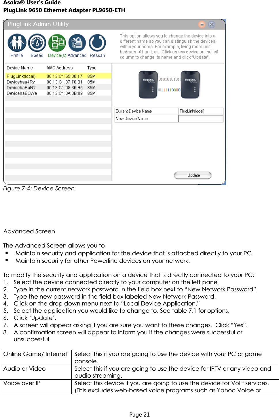 Asoka® User’s Guide PlugLink 9650 Ethernet Adapter PL9650-ETH  Page 21  Figure 7-4: Device Screen Advanced ScreenThe Advanced Screen allows you to  Maintain security and application for the device that is attached directly to your PC  Maintain security for other Powerline devices on your network. To modify the security and application on a device that is directly connected to your PC: 1. Select the device connected directly to your computer on the left panel 2. Type in the current network password in the field box next to “New Network Password”. 3. Type the new password in the field box labeled New Network Password. 4. Click on the drop down menu next to “Local Device Application.”  5. Select the application you would like to change to. See table 7.1 for options. 6. Click ‘Update’. 7. A screen will appear asking if you are sure you want to these changes.  Click “Yes”. 8. A confirmation screen will appear to inform you if the changes were successful or unsuccessful. Online Game/ Internet Select this if you are going to use the device with your PC or game console. Audio or Video  Select this if you are going to use the device for IPTV or any video and audio streaming. Voice over IP  Select this device if you are going to use the device for VoIP services. (This excludes web-based voice programs such as Yahoo Voice or 