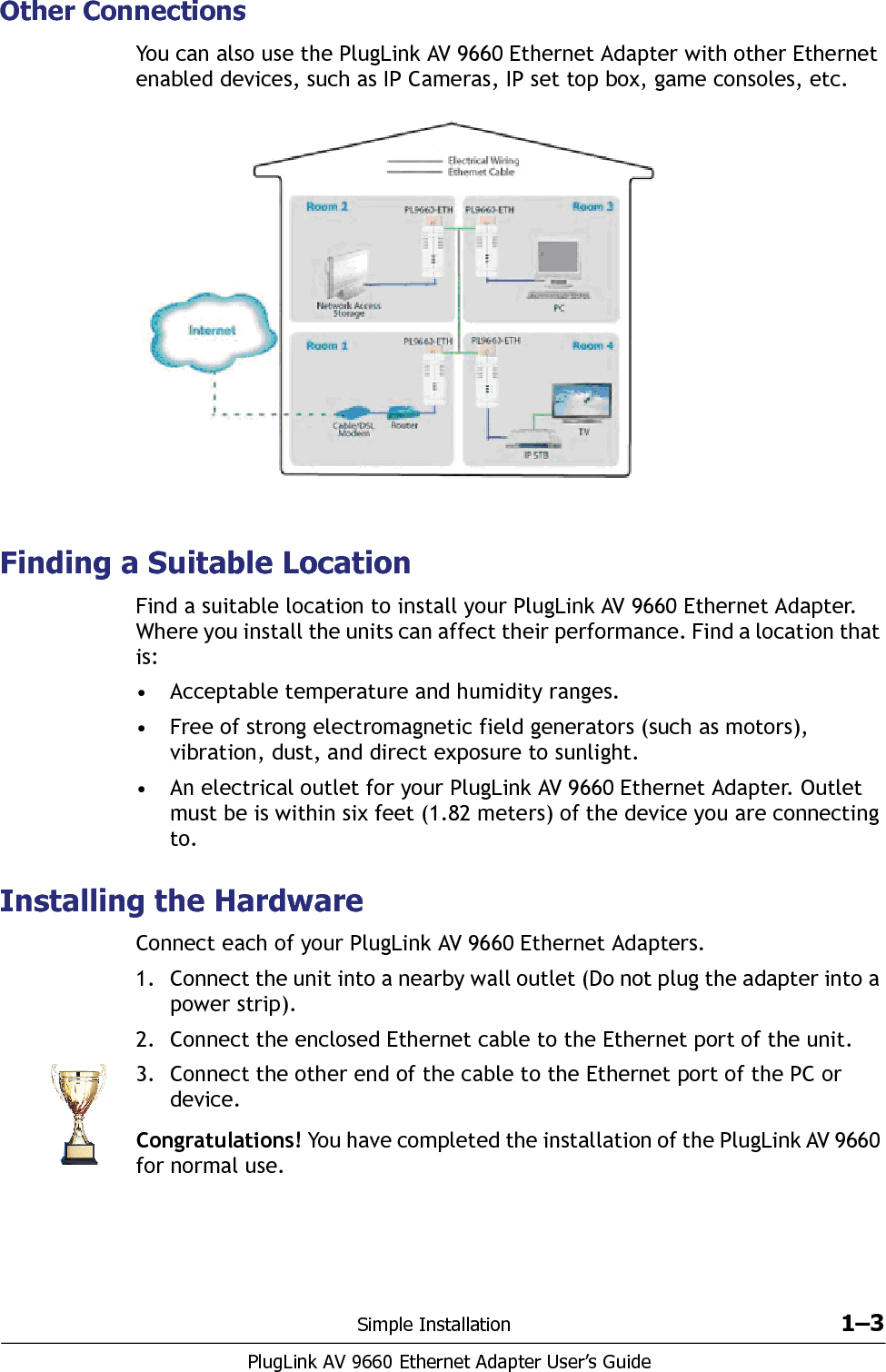 1–4 Simple InstallationPlugLink AV 9660 Ethernet Adapter User’s Guide