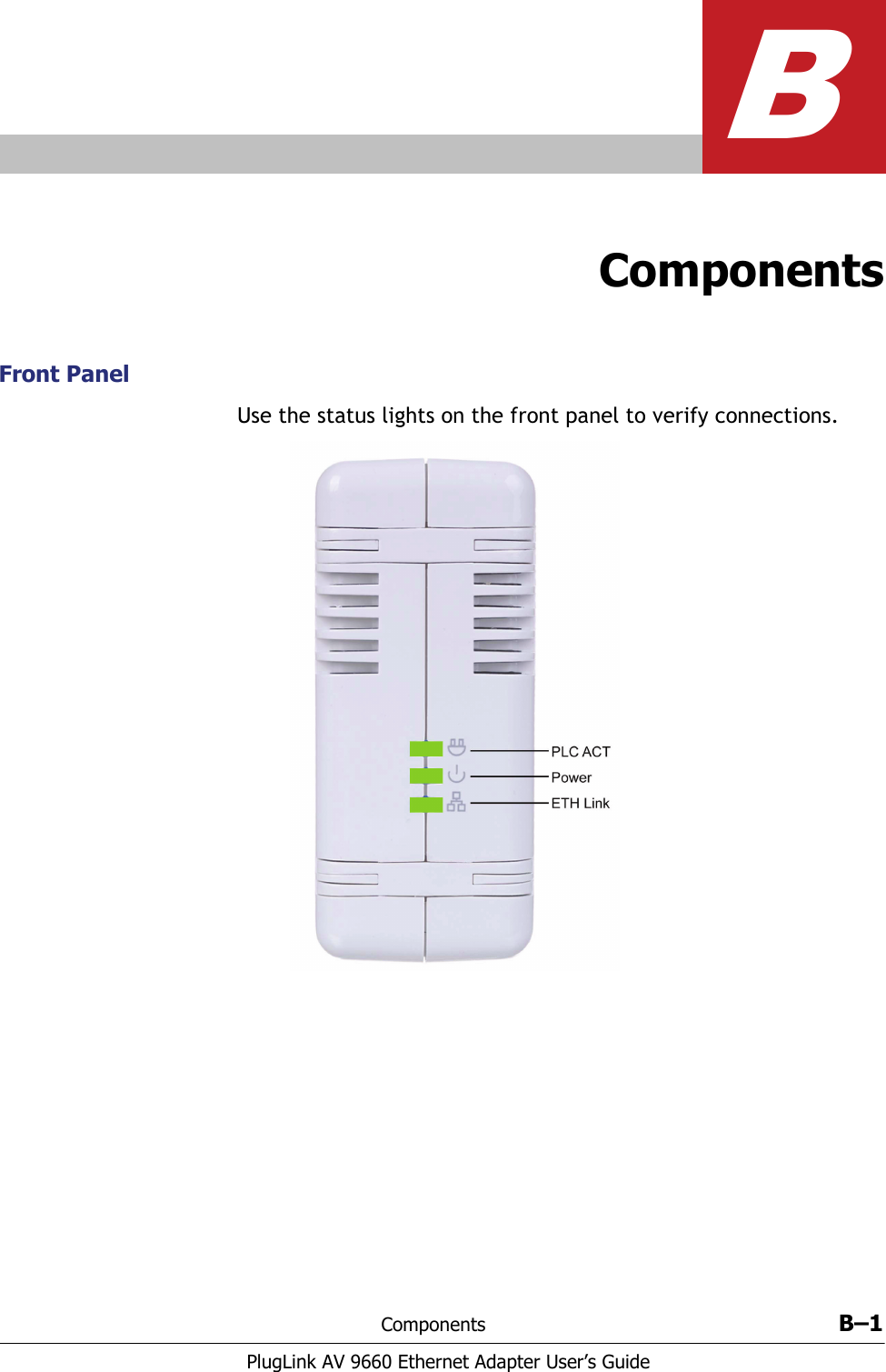 Components B–1PlugLink AV 9660 Ethernet Adapter User’s GuideBComponentsFront PanelUse the status lights on the front panel to verify connections. 