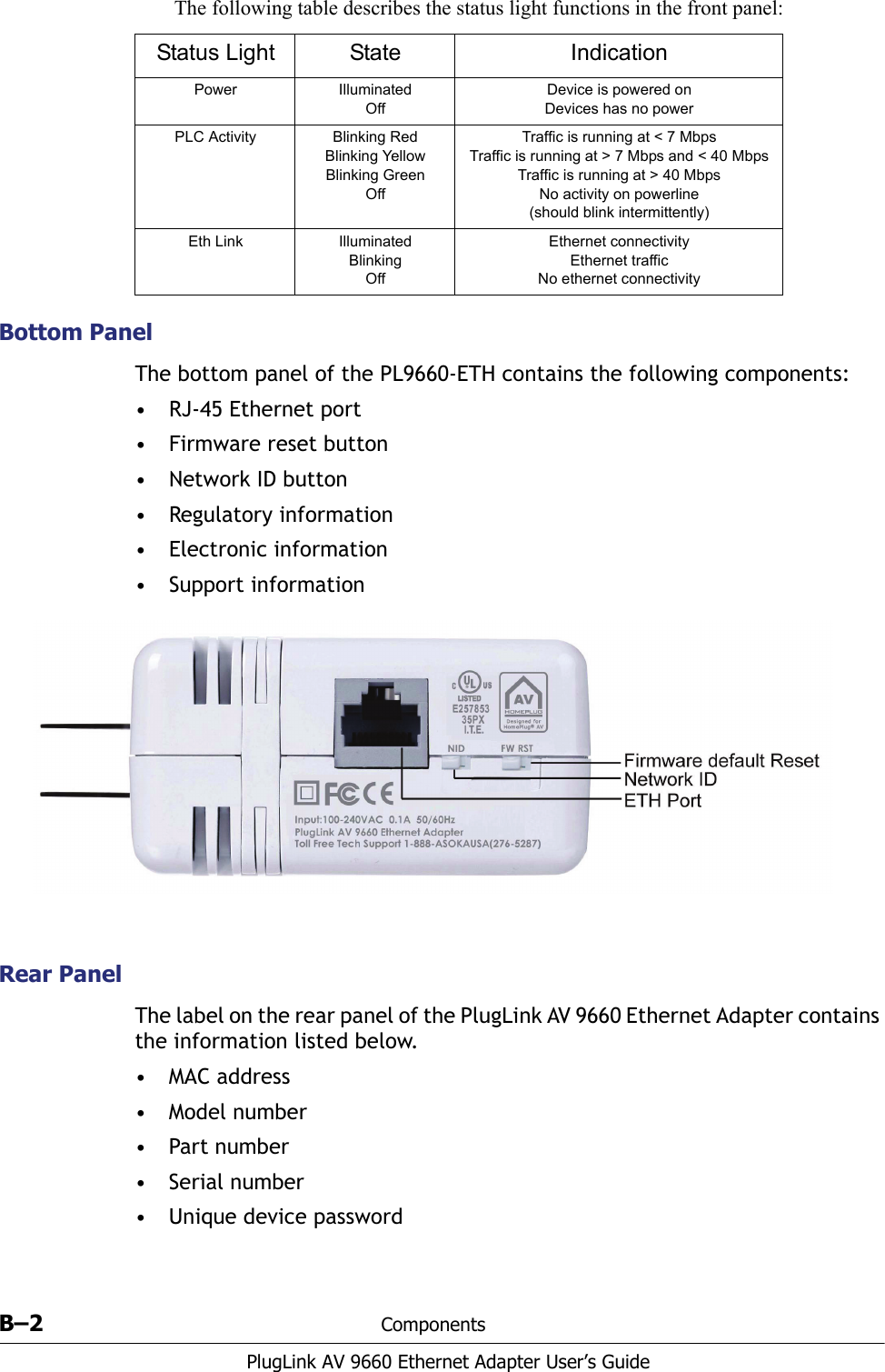 B–2 ComponentsPlugLink AV 9660 Ethernet Adapter User’s Guide The following table describes the status light functions in the front panel:Bottom PanelThe bottom panel of the PL9660-ETH contains the following components: • RJ-45 Ethernet port• Firmware reset button•Network ID button• Regulatory information• Electronic information• Support informationRear PanelThe label on the rear panel of the PlugLink AV 9660 Ethernet Adapter contains the information listed below.• MAC address• Model number•Part number• Serial number• Unique device passwordStatus Light State IndicationPower IlluminatedOffDevice is powered onDevices has no powerPLC Activity Blinking RedBlinking YellowBlinking GreenOffTraffic is running at &lt; 7 MbpsTraffic is running at &gt; 7 Mbps and &lt; 40 MbpsTraffic is running at &gt; 40 MbpsNo activity on powerline(should blink intermittently)Eth Link IlluminatedBlinkingOffEthernet connectivityEthernet trafficNo ethernet connectivity