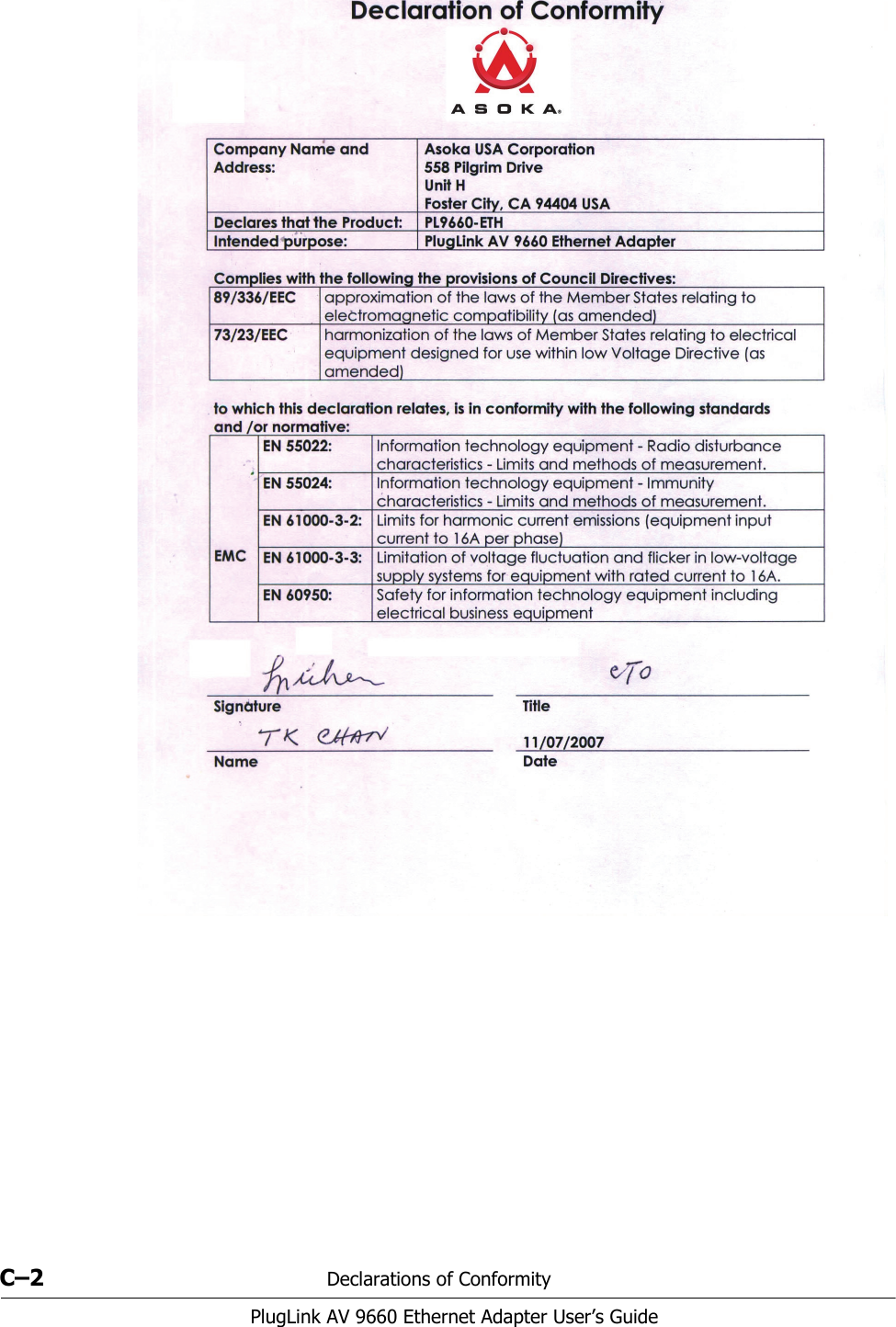 C–2 Declarations of ConformityPlugLink AV 9660 Ethernet Adapter User’s Guide