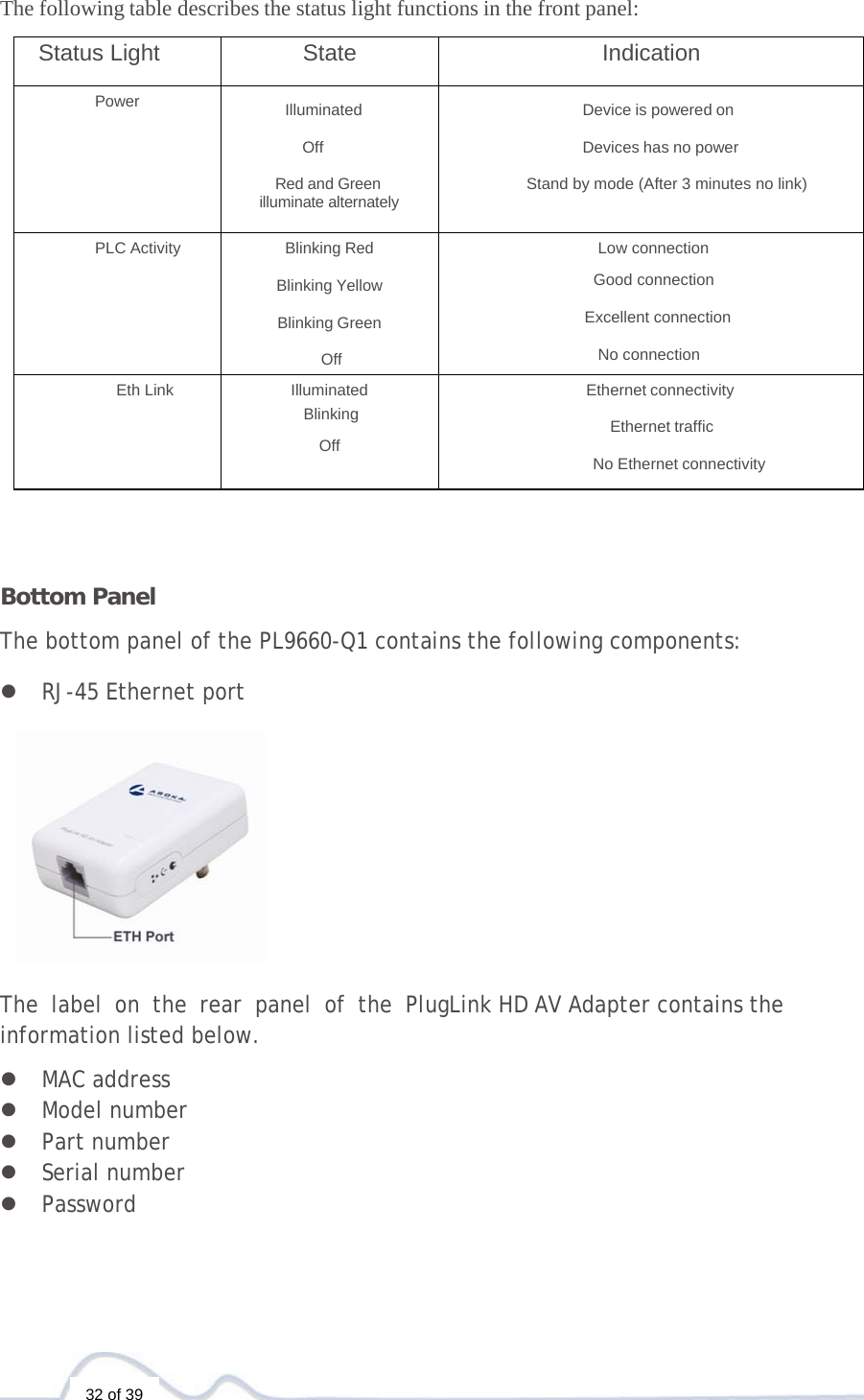  32 of 39  The following table describes the status light functions in the front panel:  Status Light State Indication Power  Illuminated   Off  Red and Green illuminate alternately Device is powered on  Devices has no power  Stand by mode (After 3 minutes no link)  PLC Activity Blinking Red  Blinking Yellow  Blinking Green  Off  Low connection                   Good connection                                 Excellent connection                      No connection Eth Link Illuminated  Blinking  Off Ethernet connectivity Ethernet traffic             No Ethernet connectivity      Bottom Panel  The bottom panel of the PL9660-Q1 contains the following components:  z RJ-45 Ethernet port     The label on the rear panel of the PlugLink HD AV Adapter contains the information listed below.  z MAC address z Model number z Part number z Serial number z Password