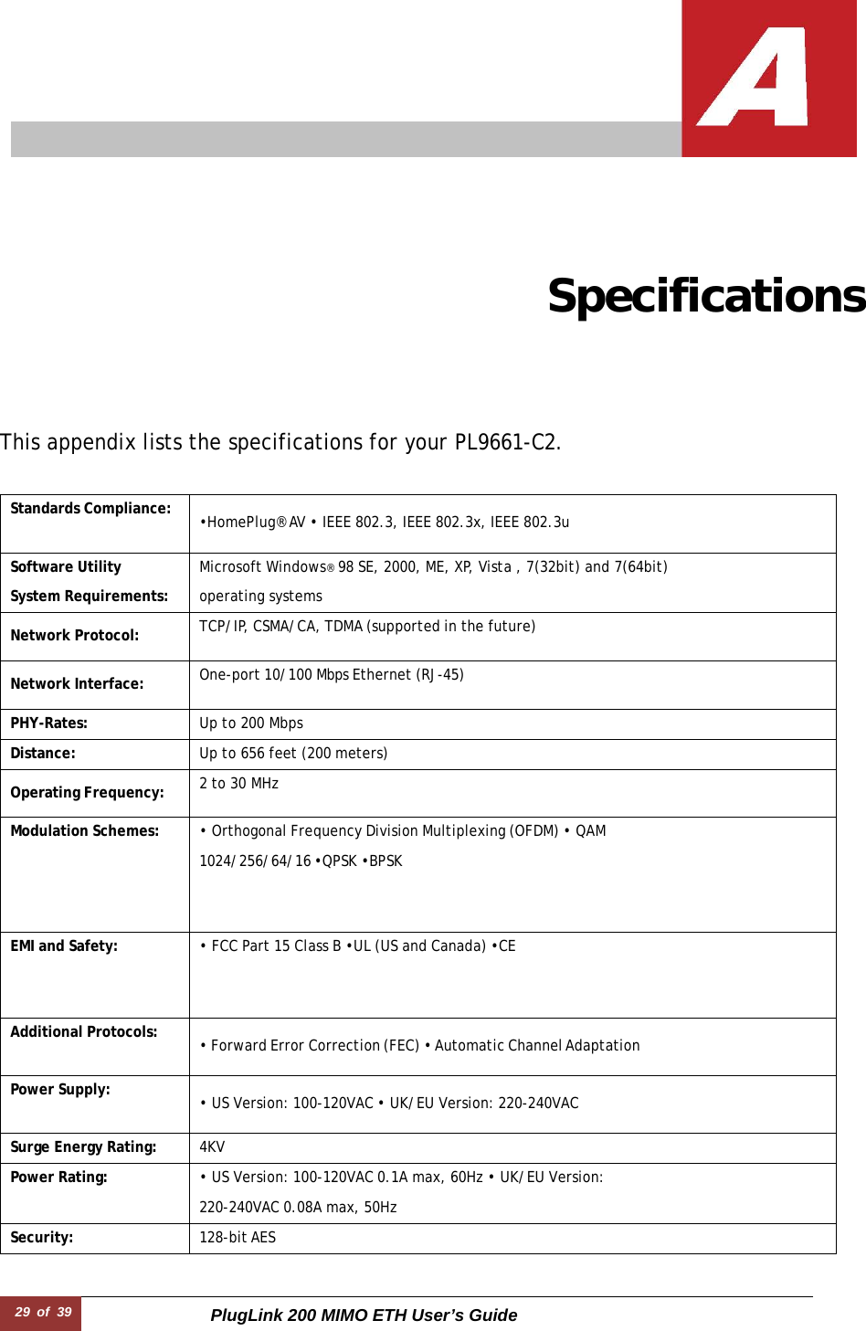 29  of  39 PlugLink 200 MIMO ETH User’s Guide      Specifications This appendix lists the specifications for your PL9661-C2.   Standards Compliance: •HomePlug® AV • IEEE 802.3, IEEE 802.3x, IEEE 802.3u Software Utility  System Requirements: Microsoft Windows® 98 SE, 2000, ME, XP, Vista , 7(32bit) and 7(64bit)  operating systems  Network Protocol: TCP/IP, CSMA/CA, TDMA (supported in the future)  Network Interface: One-port 10/100 Mbps Ethernet (RJ-45)  PHY-Rates: Up to 200 Mbps Distance: Up to 656 feet (200 meters)  Operating Frequency: 2 to 30 MHz Modulation Schemes: • Orthogonal Frequency Division Multiplexing (OFDM) • QAM  1024/256/64/16 •QPSK •BPSK EMI and Safety: • FCC Part 15 Class B •UL (US and Canada) •CE Additional Protocols: • Forward Error Correction (FEC) • Automatic Channel Adaptation Power Supply: • US Version: 100-120VAC • UK/EU Version: 220-240VAC Surge Energy Rating: 4KV Power Rating: • US Version: 100-120VAC 0.1A max, 60Hz • UK/EU Version:  220-240VAC 0.08A max, 50Hz  Security: 128-bit AES 