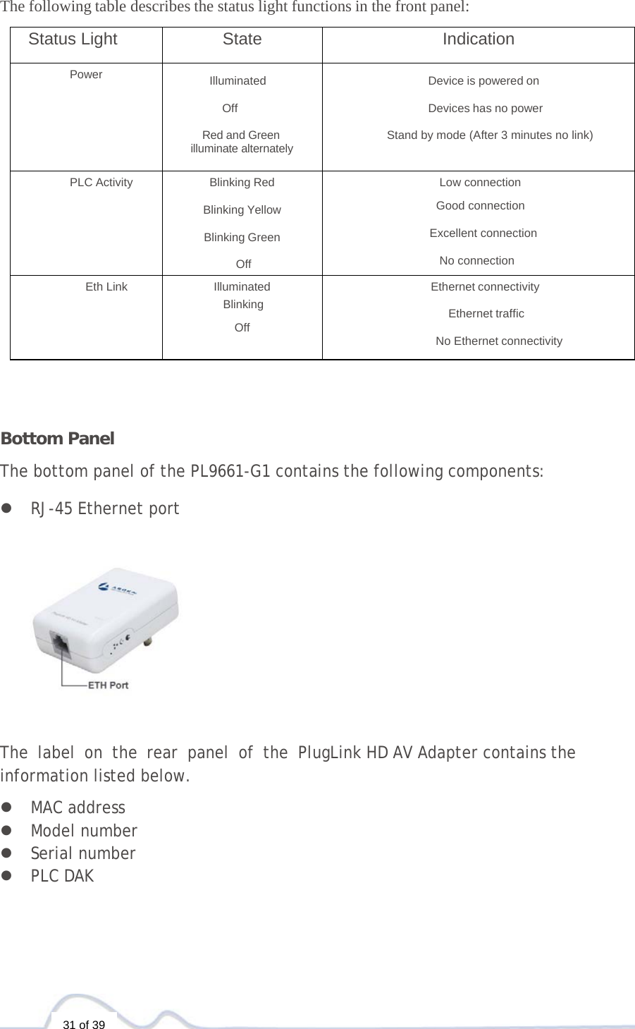   31 of 39  The following table describes the status light functions in the front panel:  Status Light State Indication Power  Illuminated   Off  Red and Green illuminate alternately Device is powered on  Devices has no power  Stand by mode (After 3 minutes no link)  PLC Activity Blinking Red  Blinking Yellow  Blinking Green  Off  Low connection                   Good connection                                 Excellent connection                      No connection Eth Link Illuminated  Blinking  Off Ethernet connectivity Ethernet traffic             No Ethernet connectivity      Bottom Panel  The bottom panel of the PL9661-G1 contains the following components:  z RJ-45 Ethernet port     The label on the rear panel of the PlugLink HD AV Adapter contains the information listed below.  z MAC address z Model number z Serial number z PLC DAK