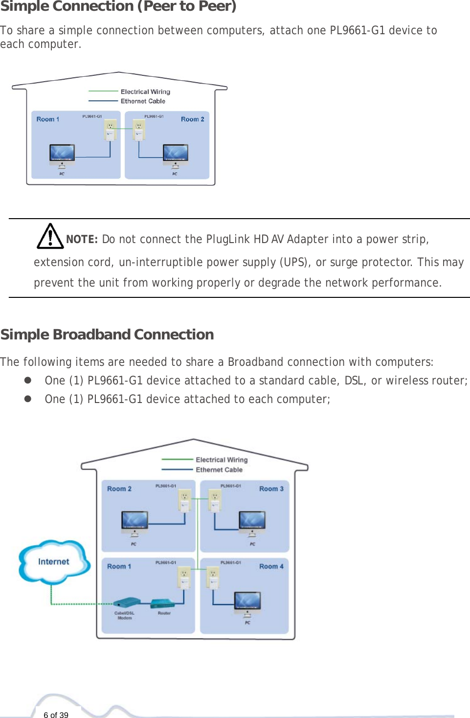  6 of 39 Simple Connection (Peer to Peer)  To share a simple connection between computers, attach one PL9661-G1 device to each computer.                              NOTE: Do not connect the PlugLink HD AV Adapter into a power strip, extension cord, un-interruptible power supply (UPS), or surge protector. This may prevent the unit from working properly or degrade the network performance.   Simple Broadband Connection The following items are needed to share a Broadband connection with computers: z One (1) PL9661-G1 device attached to a standard cable, DSL, or wireless router; z One (1) PL9661-G1 device attached to each computer;   