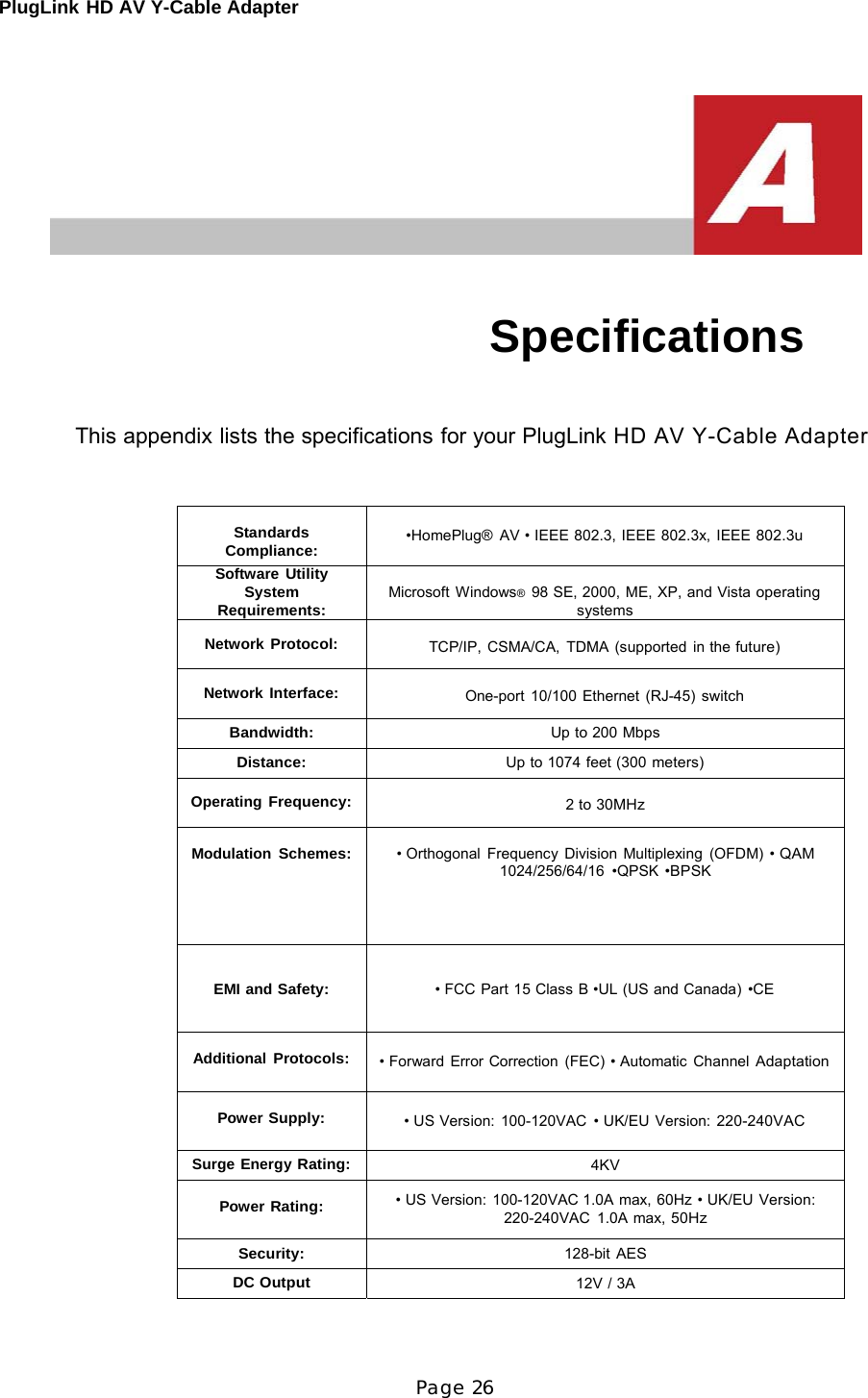 PlugLink HD AV Y-Cable Adapter Page 26           Specifications    This appendix lists the specifications for your PlugLink HD AV Y-Cable Adapter     Standards Compliance:  •HomePlug® AV • IEEE 802.3, IEEE 802.3x, IEEE 802.3u Software Utility System Requirements: Microsoft Windows®  98 SE, 2000, ME, XP, and Vista operating systems Network Protocol:  TCP/IP, CSMA/CA, TDMA (supported in the future)  Network Interface:  One-port 10/100 Ethernet (RJ-45) switch Bandwidth: Up to 200 Mbps Distance: Up to 1074 feet (300 meters)  Operating Frequency: 2 to 30MHz  Modulation Schemes: • Orthogonal Frequency Division Multiplexing (OFDM) • QAM 1024/256/64/16 •QPSK •BPSK   EMI and Safety:   • FCC Part 15 Class B •UL (US and Canada) •CE  Additional Protocols:  • Forward Error Correction  (FEC) • Automatic Channel Adaptation  Power Supply:  • US Version: 100-120VAC  • UK/EU Version: 220-240VAC Surge Energy Rating: 4KV  Power Rating:  • US Version: 100-120VAC 1.0A max, 60Hz • UK/EU Version: 220-240VAC 1.0A max, 50Hz Security: 128-bit AES DC Output 12V / 3A 