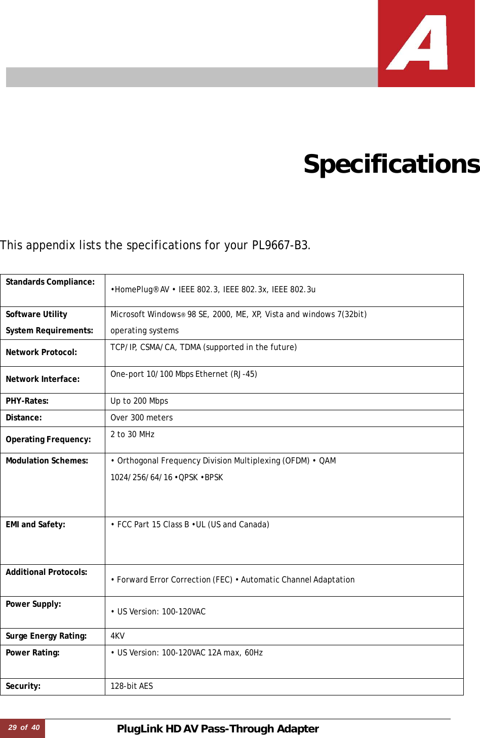 29  of  40 PlugLink HD AVPass-Through Adapter      Specifications This appendix lists the specifications for your PL9667-B3.   Standards Compliance: •HomePlug® AV • IEEE 802.3, IEEE 802.3x, IEEE 802.3u Software Utility  System Requirements: Microsoft Windows® 98 SE, 2000, ME, XP, Vista and windows 7(32bit)  operating systems  Network Protocol: TCP/IP, CSMA/CA, TDMA (supported in the future)  Network Interface: One-port 10/100 Mbps Ethernet (RJ-45)  PHY-Rates: Up to 200 Mbps Distance: Over 300 meters  Operating Frequency: 2 to 30 MHz Modulation Schemes: • Orthogonal Frequency Division Multiplexing (OFDM) • QAM  1024/256/64/16 •QPSK •BPSK EMI and Safety: • FCC Part 15 Class B •UL (US and Canada)  Additional Protocols: • Forward Error Correction (FEC) • Automatic Channel Adaptation Power Supply: • US Version: 100-120VAC  Surge Energy Rating: 4KV Power Rating: • US Version: 100-120VAC 12A max, 60Hz   Security: 128-bit AES 