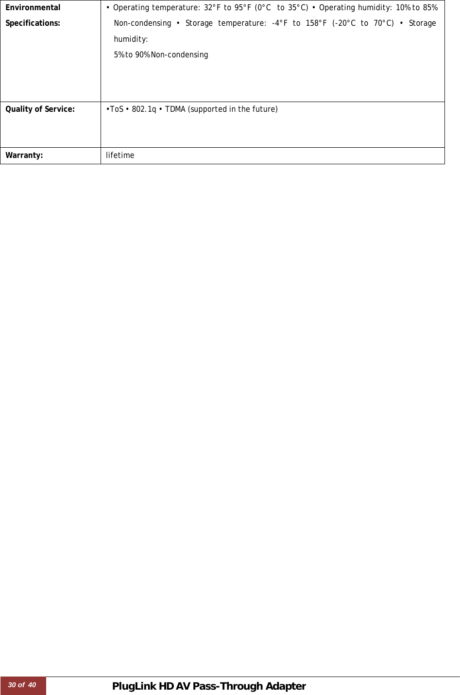 30 of  40 PlugLink HD AVPass-Through Adapter    Environmental  Specifications: • Operating temperature: 32°F to 95°F (0°C  to 35°C) • Operating humidity: 10% to 85% Non-condensing • Storage temperature: -4°F to 158°F (-20°C to 70°C) • Storage humidity: 5% to 90% Non-condensing Quality of Service: •ToS • 802.1q • TDMA (supported in the future)  Warranty: lifetime 