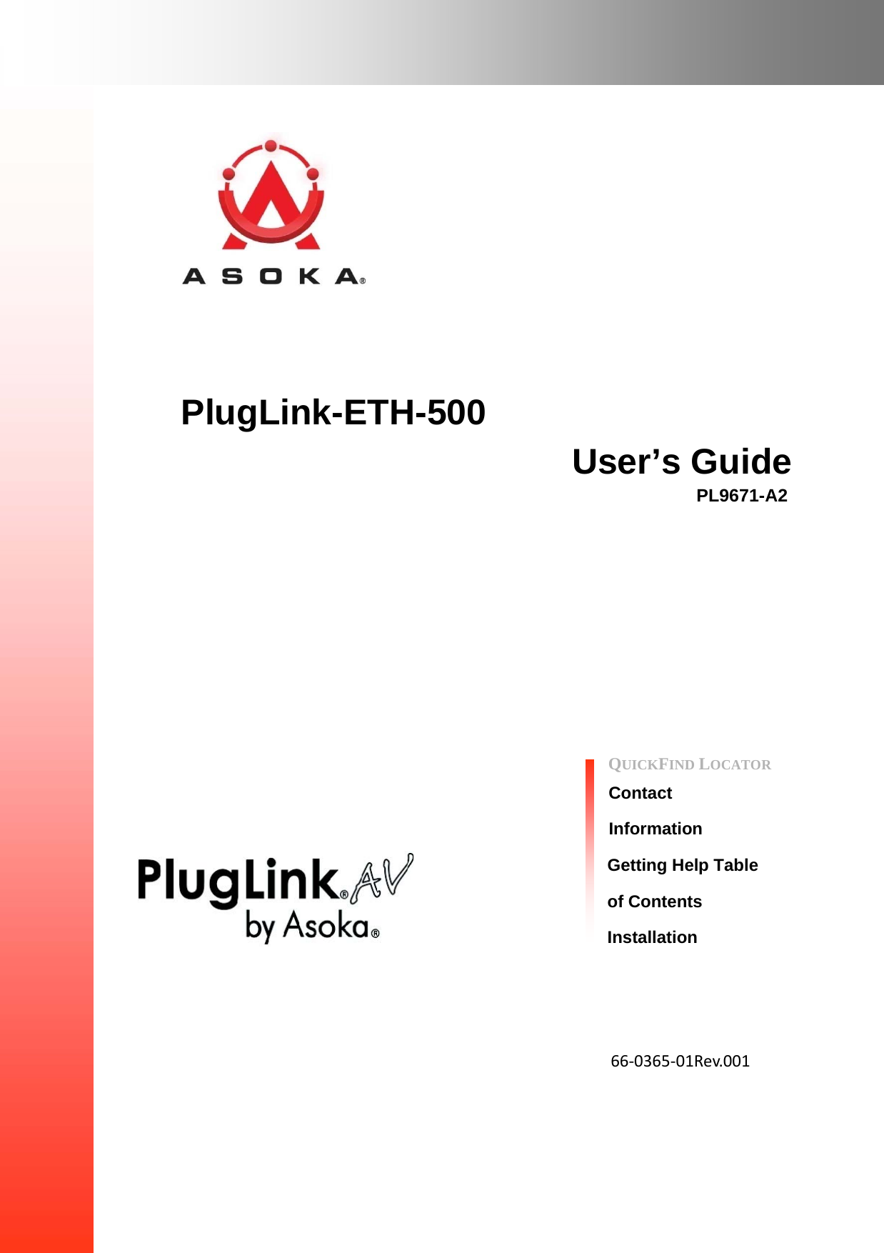          PlugLink-ETH-500 User’s Guide PL9671-A2                  QUICKFIND LOCATOR  Contact  Information Getting Help Table of Contents Installation        66‐0365‐01Rev.001