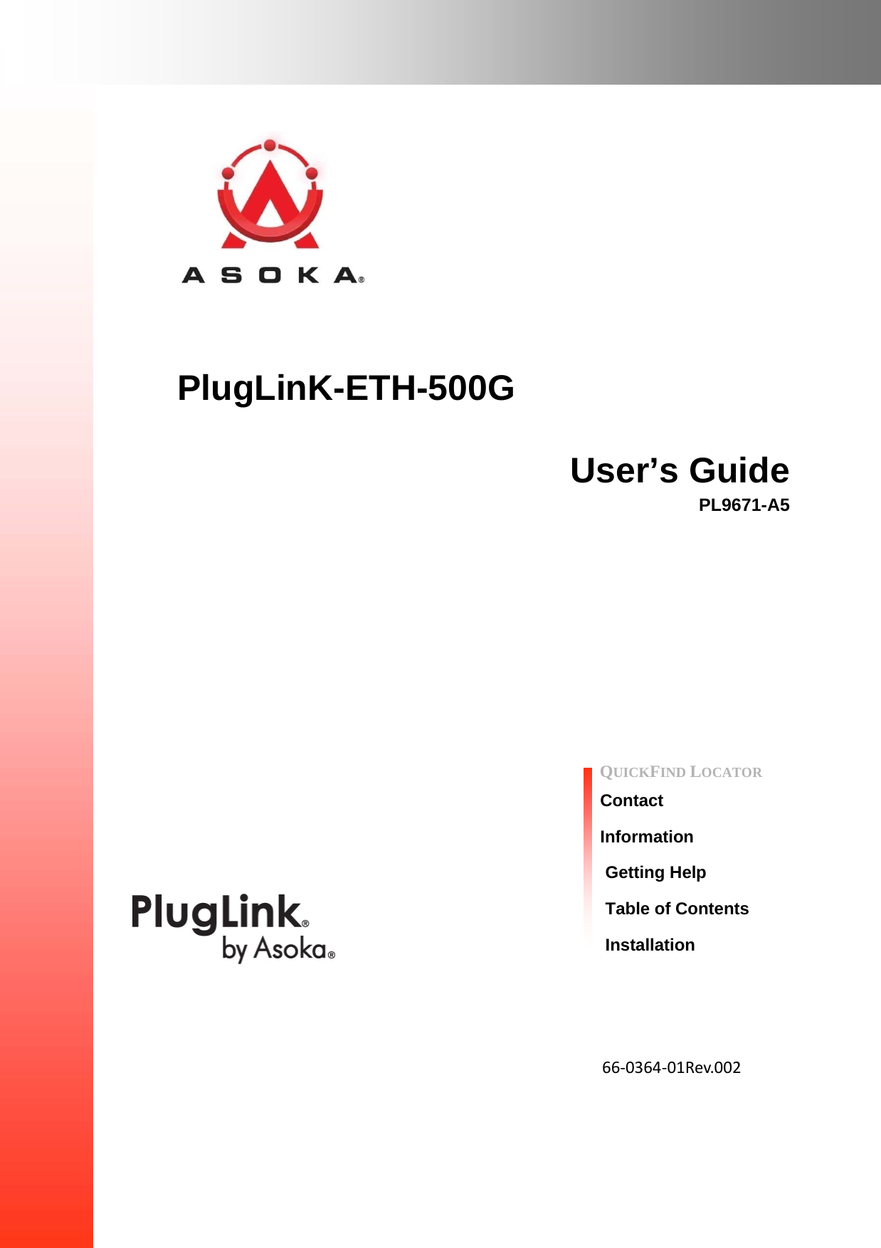        PlugLinK-ETH-500G  User’s Guide PL9671-A5                  QUICKFIND LOCATOR  Contact  Information Getting Help Table of Contents Installation        66‐0364‐01Rev.002