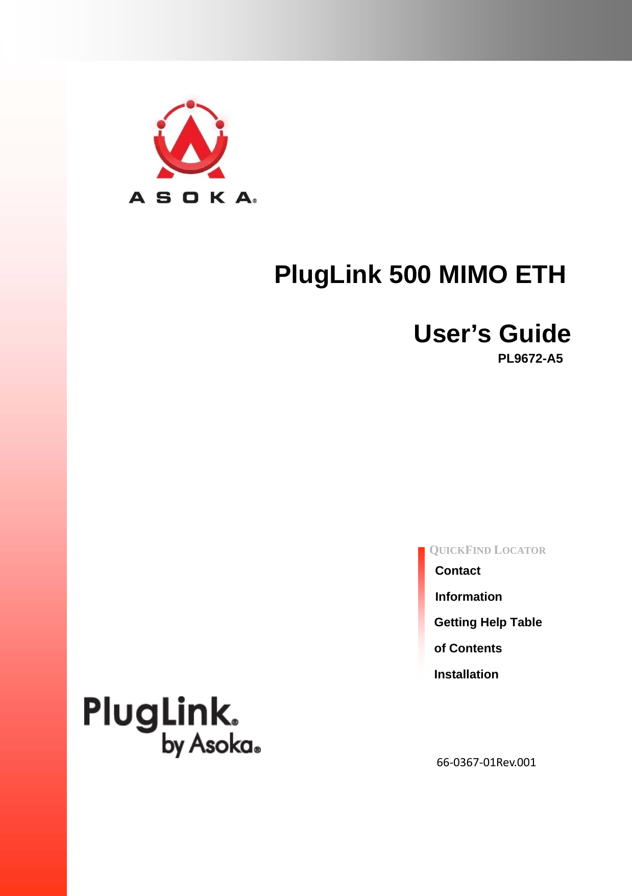        PlugLink 500 MIMO ETH                             User’s Guide         PL9672-A5                  QUICKFIND LOCATOR  Contact  Information Getting Help Table of Contents Installation        66‐0367‐01Rev.001