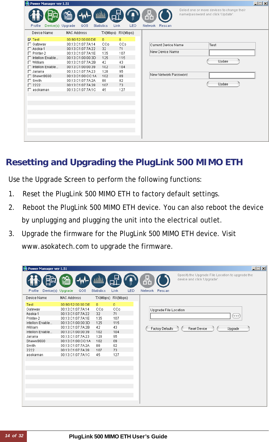 14 of 32 PlugLink 500 MIMO ETH User’s Guide     Resetting and Upgrading the PlugLink 500 MIMO ETH  Use the Upgrade Screen to perform the following functions:  1.    Reset the PlugLink 500 MIMO ETH to factory default settings. 2.    Reboot the PlugLink 500 MIMO ETH device. You can also reboot the device by unplugging and plugging the unit into the electrical outlet. 3.  Upgrade the firmware for the PlugLink 500 MIMO ETH device. Visit www.asokatech.com to upgrade the firmware.    