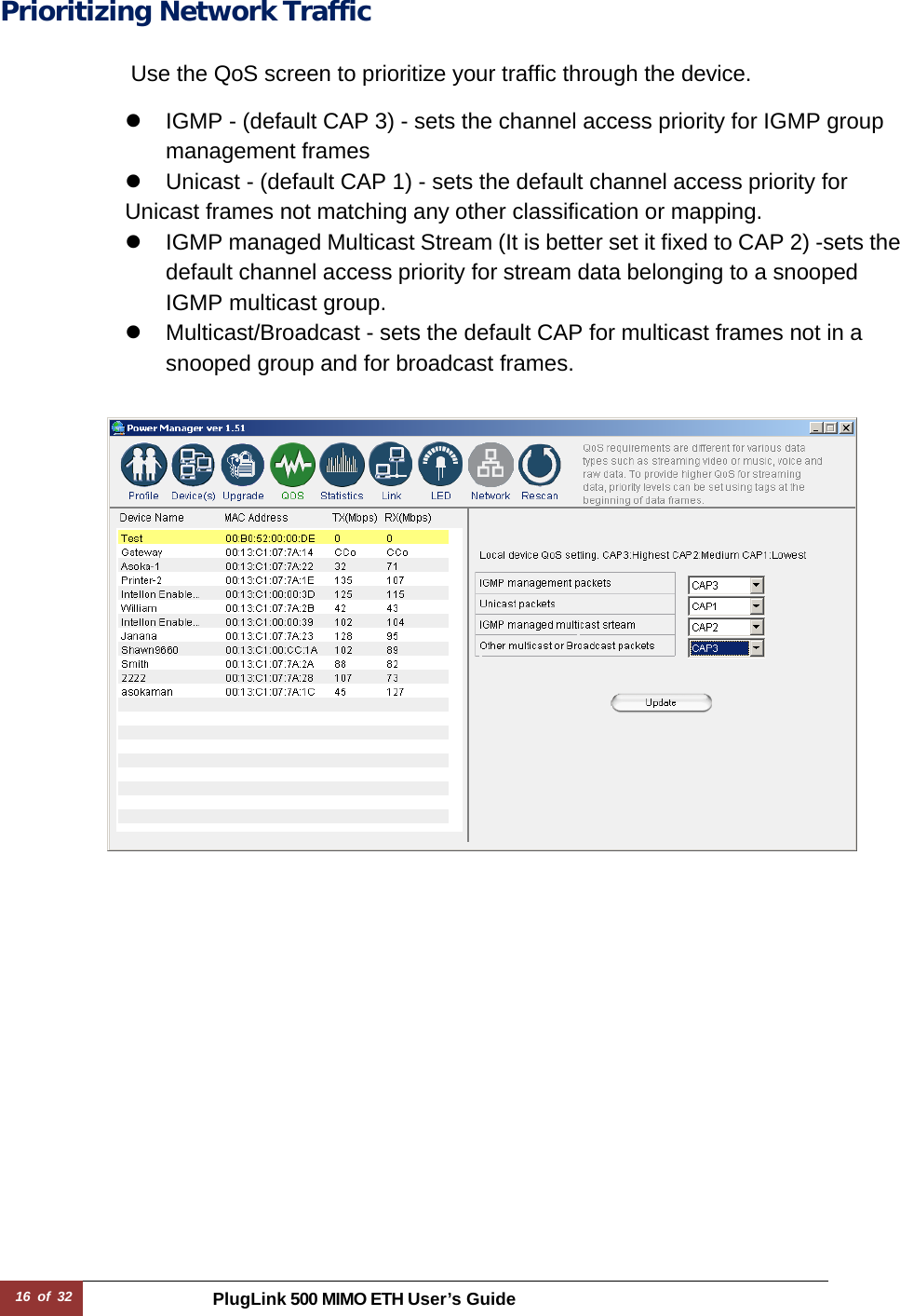 16 of 32 PlugLink 500 MIMO ETH User’s Guide  Prioritizing Network Traffic   Use the QoS screen to prioritize your traffic through the device.  z  IGMP - (default CAP 3) - sets the channel access priority for IGMP group management frames z  Unicast - (default CAP 1) - sets the default channel access priority for Unicast frames not matching any other classification or mapping. z  IGMP managed Multicast Stream (It is better set it fixed to CAP 2) -sets the default channel access priority for stream data belonging to a snooped IGMP multicast group. z  Multicast/Broadcast - sets the default CAP for multicast frames not in a snooped group and for broadcast frames.    