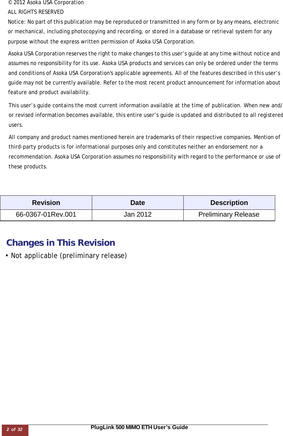 2 of 32                                                                                                                       PlugLink 500 MIMO ETH User’s Guide © 2012 Asoka USA Corporation  ALL RIGHTS RESERVED Notice: No part of this publication may be reproduced or transmitted in any form or by any means, electronic or mechanical, including photocopying and recording, or stored in a database or retrieval system for any purpose without the express written permission of Asoka USA Corporation.  Asoka USA Corporation reserves the right to make changes to this user’s guide at any time without notice and assumes no responsibility for its use. Asoka USA products and services can only be ordered under the terms and conditions of Asoka USA Corporation&apos;s applicable agreements. All of the features described in this user’s guide may not be currently available. Refer to the most recent product announcement for information about feature and product availability.  This user’s guide contains the most current information available at the time of publication. When new and/ or revised information becomes available, this entire user’s guide is updated and distributed to all registered users. All company and product names mentioned herein are trademarks of their respective companies. Mention of third-party products is for informational purposes only and constitutes neither an endorsement nor a recommendation. Asoka USA Corporation assumes no responsibility with regard to the performance or use of these products.     Revision Date Description 66-0367-01Rev.001 Jan 2012 Preliminary Release    Changes in This Revision  • Not applicable (preliminary release) 