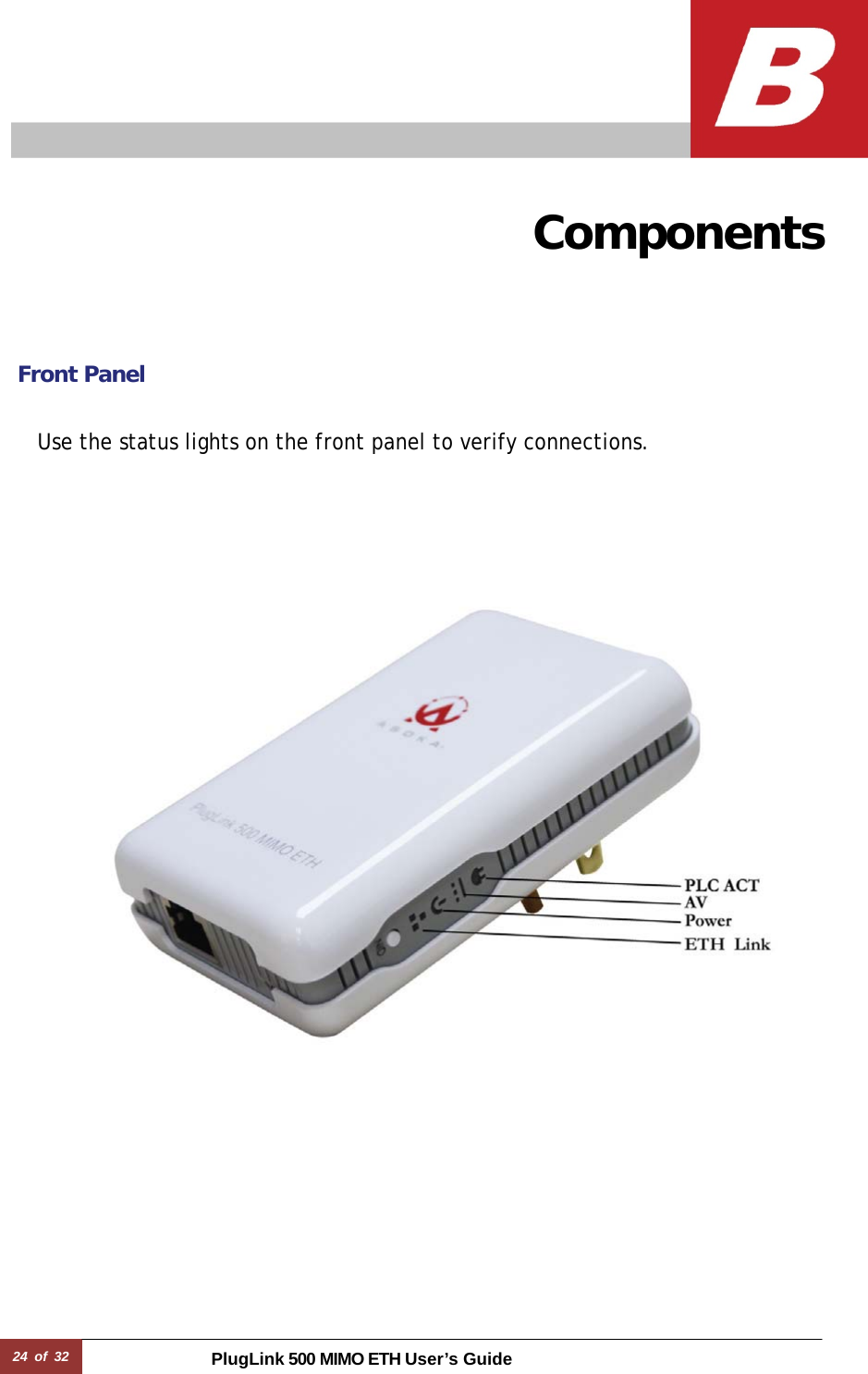 24 of 32 PlugLink 500 MIMO ETH User’s Guide    Components      Front Panel   Use the status lights on the front panel to verify connections.     