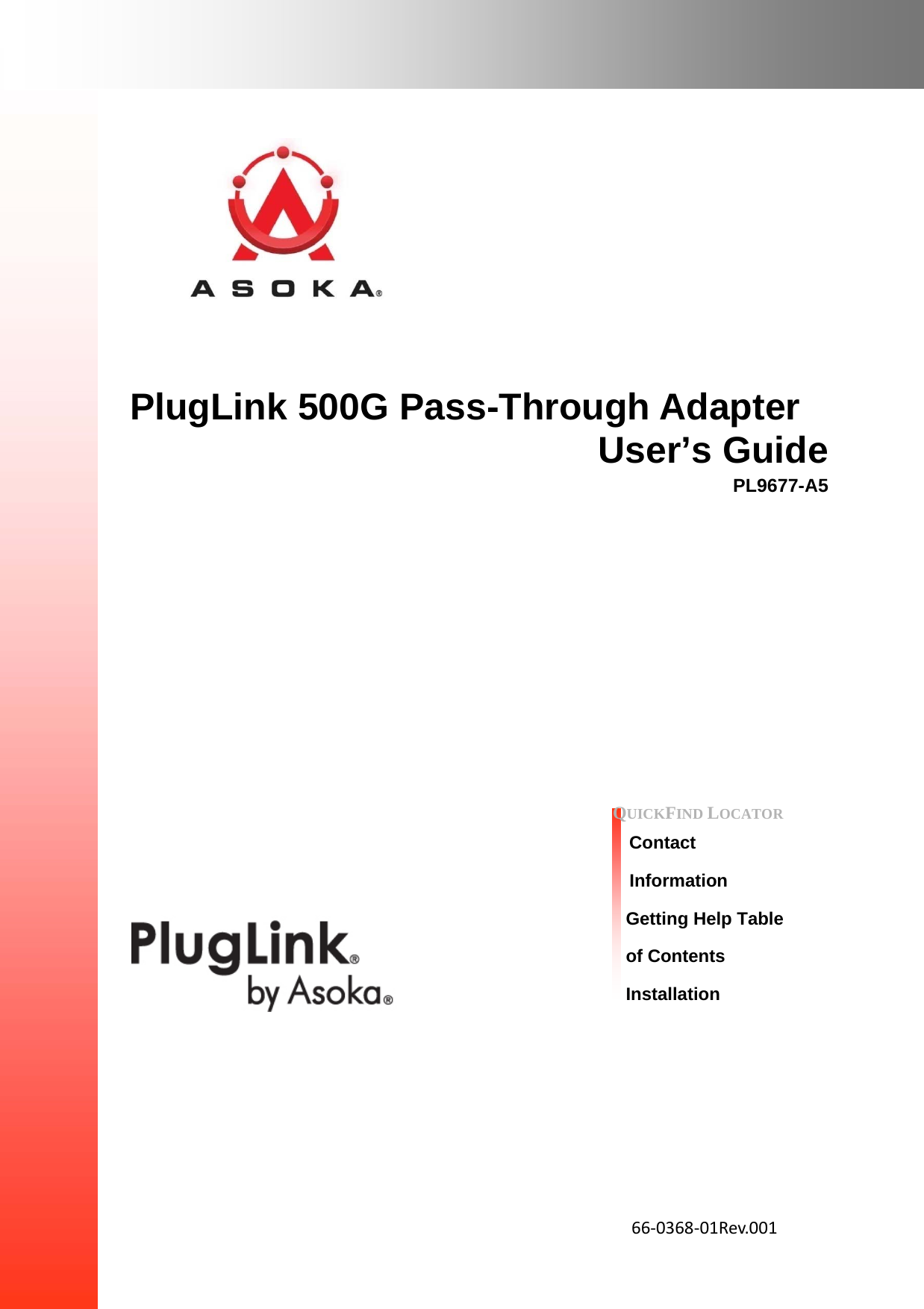         PlugLink 500G Pass-Through Adapter User’s Guide PL9677-A5                     QUICKFIND LOCATOR    Contact  Information Getting Help Table of Contents Installation            66‐0368‐01Rev.001