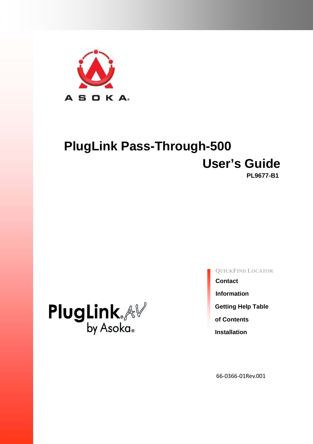          PlugLink Pass-Through-500 User’s Guide PL9677-B1                  QUICKFIND LOCATOR  Contact  Information Getting Help Table of Contents Installation        66‐0366‐01Rev.001