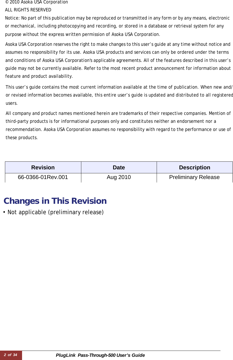 2 of 34 PlugLink  Pass-Through-500 User’s Guide  © 2010 Asoka USA Corporation  ALL RIGHTS RESERVED Notice: No part of this publication may be reproduced or transmitted in any form or by any means, electronic or mechanical, including photocopying and recording, or stored in a database or retrieval system for any purpose without the express written permission of Asoka USA Corporation.  Asoka USA Corporation reserves the right to make changes to this user’s guide at any time without notice and assumes no responsibility for its use. Asoka USA products and services can only be ordered under the terms and conditions of Asoka USA Corporation&apos;s applicable agreements. All of the features described in this user’s guide may not be currently available. Refer to the most recent product announcement for information about feature and product availability.  This user’s guide contains the most current information available at the time of publication. When new and/ or revised information becomes available, this entire user’s guide is updated and distributed to all registered users. All company and product names mentioned herein are trademarks of their respective companies. Mention of third-party products is for informational purposes only and constitutes neither an endorsement nor a recommendation. Asoka USA Corporation assumes no responsibility with regard to the performance or use of these products.     Revision Date Description 66-0366-01Rev.001 Aug 2010 Preliminary Release    Changes in This Revision  • Not applicable (preliminary release) 