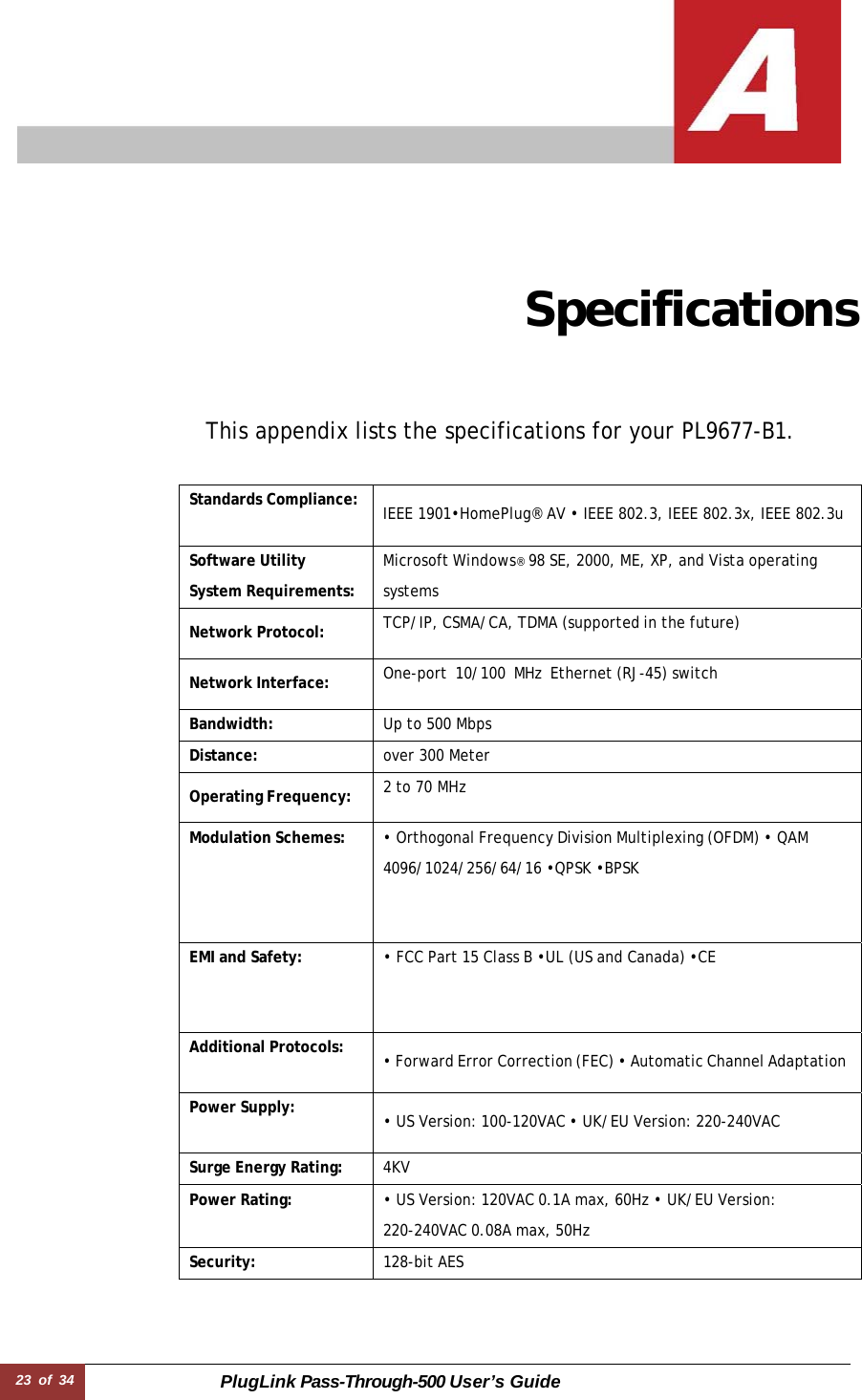 23 of 34 PlugLink Pass-Through-500 User’s Guide                Specifications     This appendix lists the specifications for your PL9677-B1.   Standards Compliance: IEEE 1901•HomePlug® AV • IEEE 802.3, IEEE 802.3x, IEEE 802.3uSoftware Utility  System Requirements:Microsoft Windows® 98 SE, 2000, ME, XP, and Vista operating  systems  Network Protocol: TCP/IP, CSMA/CA, TDMA (supported in the future)  Network Interface: One-port  10/100  MHz  Ethernet (RJ-45) switch Bandwidth: Up to 500 MbpsDistance: over 300 Meter Operating Frequency: 2 to 70 MHzModulation Schemes: • Orthogonal Frequency Division Multiplexing (OFDM) • QAM  4096/1024/256/64/16 •QPSK •BPSK EMI and Safety: • FCC Part 15 Class B •UL (US and Canada) •CE Additional Protocols: • Forward Error Correction (FEC) • Automatic Channel AdaptationPower Supply: • US Version: 100-120VAC • UK/EU Version: 220-240VAC Surge Energy Rating: 4KVPower Rating: • US Version: 120VAC 0.1A max, 60Hz • UK/EU Version:  220-240VAC 0.08A max, 50Hz Security: 128-bit AES