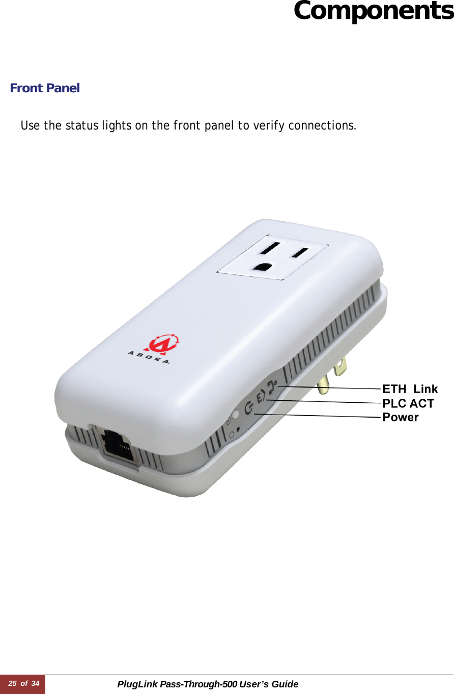 25 of 34 PlugLink Pass-Through-500 User’s Guide       Components      Front Panel   Use the status lights on the front panel to verify connections.     