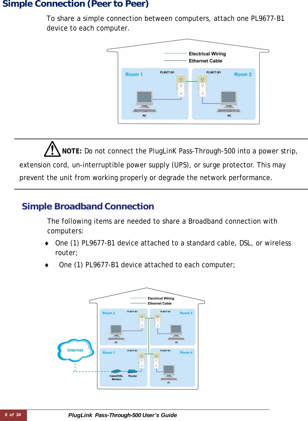 6 of 34 PlugLink  Pass-Through-500 User’s Guide     Simple Connection (Peer to Peer)  To share a simple connection between computers, attach one PL9677-B1 device to each computer.     NOTE: Do not connect the PlugLinK Pass-Through-500 into a power strip, extension cord, un-interruptible power supply (UPS), or surge protector. This may prevent the unit from working properly or degrade the network performance.   Simple Broadband Connection  The following items are needed to share a Broadband connection with computers: ♦ One (1) PL9677-B1 device attached to a standard cable, DSL, or wireless router; ♦  One (1) PL9677-B1 device attached to each computer;    