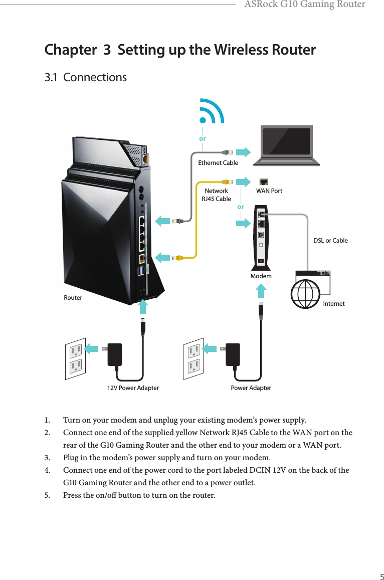 4 5EnglishASRock G10 Gaming RouterChapter  3  Setting up the Wireless Router3.1  ConnectionsEthernet CableNetworkRJ45 CableDSL or CablePower Adapter12V Power AdapterRouterModemInternetWAN Portoror1.  Turn on your modem and unplug your existing modem&rsquo;s power supply.2.  Connect one end of the supplied yellow Network RJ45 Cable to the WAN port on the rear of the G10 Gaming Router and the other end to your modem or a WAN port.3.  Plug in the modem&rsquo;s power supply and turn on your modem.4.  Connect one end of the power cord to the port labeled DCIN 12V on the back of the G10 Gaming Router and the other end to a power outlet. 5.  Press the on/o button to turn on the router.