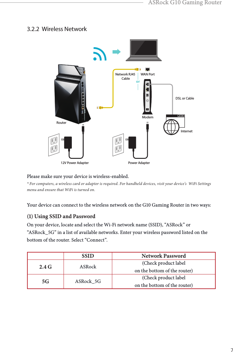 6 7EnglishASRock G10 Gaming Router3.2.2  Wireless NetworkRouterNetwork RJ45 CableDSL or CablePower Adapter12V Power AdapterModemInternetWAN PortorPlease make sure your device is wireless-enabled.* For computers, a wireless card or adaptor is required. For handheld devices, visit your device&rsquo;s  WiFi Settings menu and ensure that WiFi is turned on.Your device can connect to the wireless network on the G10 Gaming Router in two ways: (1) Using SSID and PasswordOn your device, locate and select the Wi-Fi network name (SSID), &ldquo;ASRock&rdquo; or &ldquo;ASRock_5G&rdquo; in a list of available networks. Enter your wireless password listed on the bottom of the router. Select &ldquo;Connect&rdquo;.SSID Network Password2.4 G ASRock (Check product label   on the bottom of the router)5G ASRock_5G (Check product label  on the bottom of the router)