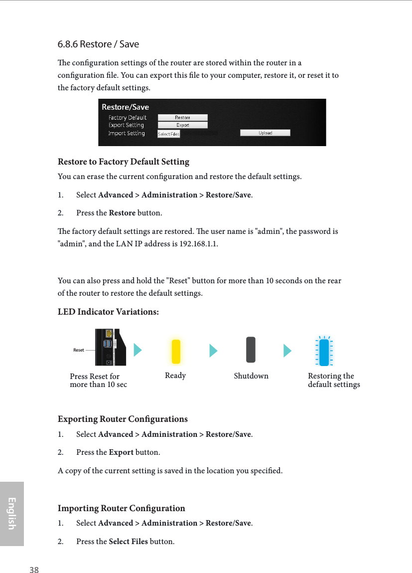 38 39EnglishASRock G10 Gaming Router6.8.6 Restore / Savee conguration settings of the router are stored within the router in a conguration le. You can export this le to your computer, restore it, or reset it to the factory default settings.Restore to Factory Default SettingYou can erase the current conguration and restore the default settings.1.  Select Advanced > Administration > Restore/Save.2.  Press the Restore button.e factory default settings are restored. e user name is "admin", the password is "admin", and the LAN IP address is 192.168.1.1.You can also press and hold the "Reset" button for more than 10 seconds on the rear of the router to restore the default settings.LED Indicator Variations:Exporting Router Congurations1.  Select Advanced > Administration > Restore/Save.2.  Press the Export button.A copy of the current setting is saved in the location you specied.Importing Router Conguration1.  Select Advanced > Administration > Restore/Save.2.  Press the Select Files button.Ready ShutdownPress Reset for more than 10 secResetResetRestoring the default settings 