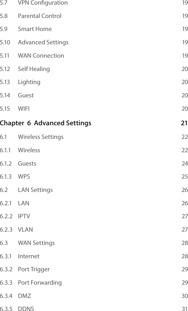 5.7   VPN Conguration  195.8   Parental Control  195.9   Smart Home  195.10   Advanced Settings   195.11    WAN Connection 195.12   Self Healing   205.13   Lighting   205.14   Guest  205.15 WIFI  20Chapter  6  Advanced Settings  216.1    Wireless Settings  226.1.1   Wireless  226.1.2    Guests   246.1.3    WPS    256.2    LAN Settings  266.2.1    LAN   266.2.2    IPTV   276.2.3    VLAN  276.3   WAN Settings  286.3.1    Internet  286.3.2    Port Trigger  296.3.3    Port Forwarding  296.3.4    DMZ  306.3.5    DDNS  31
