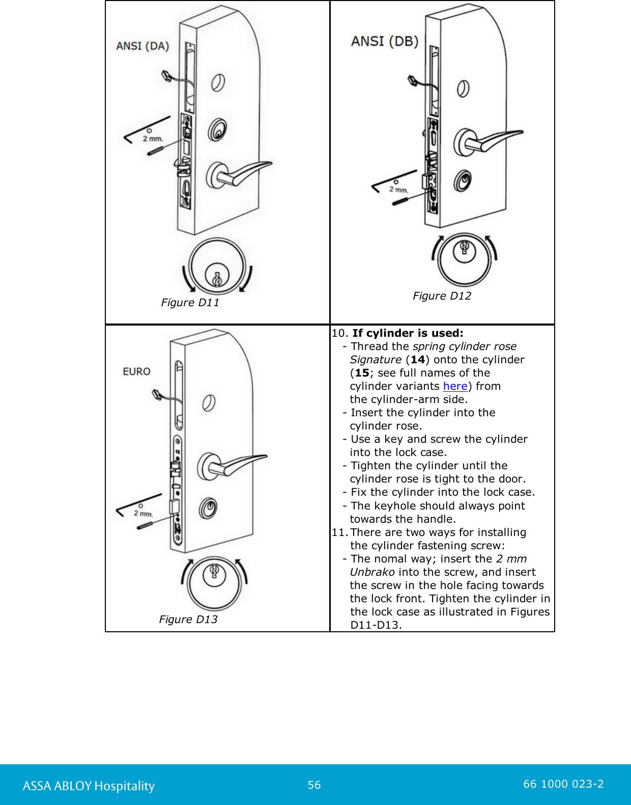 56ASSA ABLOY Hospitality 66 1000 023-2Figure D11Figure D12Figure D1310. If cylinder is used:   - Thread the spring cylinder roseSignature (14) onto the cylinder(15; see full names of thecylinder variants here) from the cylinder-arm side.    - Insert the cylinder into the cylinder rose.    - Use a key and screw the cylinder    into the lock case.    - Tighten the cylinder until the     cylinder rose is tight to the door.   - Fix the cylinder into the lock case.    - The keyhole should always point     towards the handle. 11.There are two ways for installing the cylinder fastening screw:    - The nomal way; insert the 2 mm       Unbrako into the screw, and insert     the screw in the hole facing towards     the lock front. Tighten the cylinder inthe lock case as illustrated in FiguresD11-D13. 