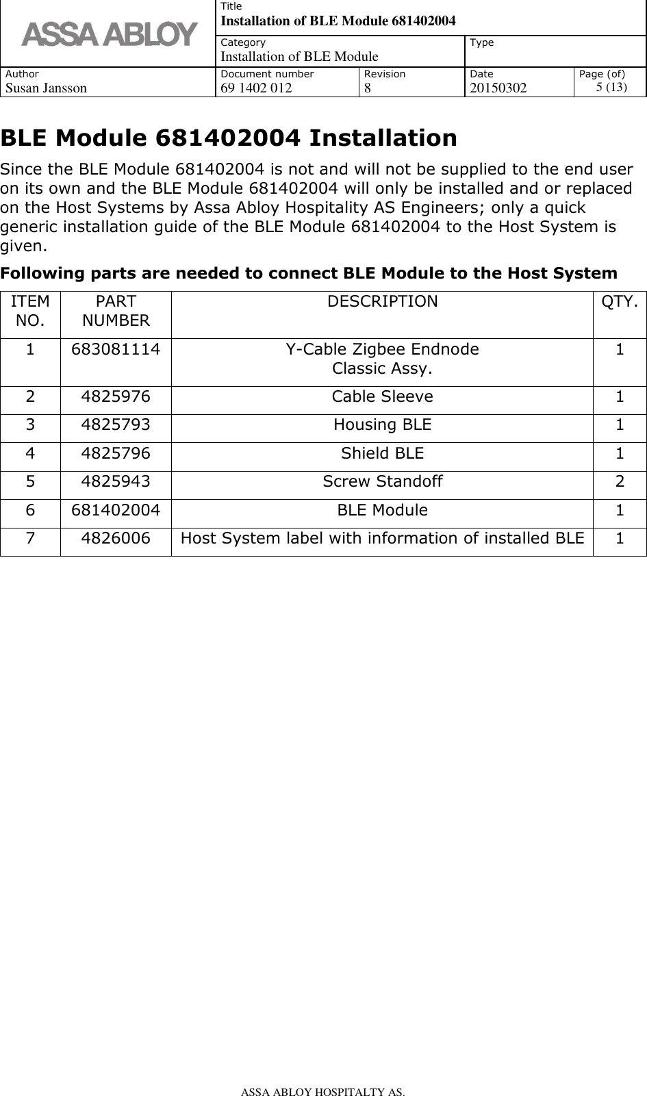   Title Installation of BLE Module 681402004 Category Installation of BLE Module Type  Author Document number Revision Date Page (of) Susan Jansson 69 1402 012 8 20150302 5 (13)    ASSA ABLOY HOSPITALTY AS.   BLE Module 681402004 Installation Since the BLE Module 681402004 is not and will not be supplied to the end user on its own and the BLE Module 681402004 will only be installed and or replaced on the Host Systems by Assa Abloy Hospitality AS Engineers; only a quick generic installation guide of the BLE Module 681402004 to the Host System is given. Following parts are needed to connect BLE Module to the Host System  ITEM NO. PART NUMBER DESCRIPTION QTY. 1 683081114 Y-Cable Zigbee Endnode  Classic Assy. 1 2 4825976 Cable Sleeve 1 3 4825793 Housing BLE 1 4 4825796 Shield BLE 1 5 4825943 Screw Standoff 2 6 681402004 BLE Module 1 7 4826006 Host System label with information of installed BLE 1                     