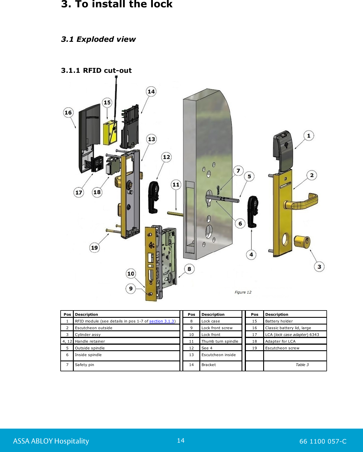 14ASSA ABLOY Hospitality 66 1100 057-C3. To install the lock3.1 Exploded view3.1.1 RFID cut-outPosDescriptionPosDescriptionPosDescription1RFID module (see details in pos 1-7 of section 3.1.3)8Lock case15Battery holder2Escutcheon outside9Lock front screw16Classic battery lid, large3Cylinder assy10Lock front17LCA (lock case adapter) 6343 4, 12Handle retainer11Thumb turn spindle18Adapter for LCA5Outside spindle12See 419Escutcheon screw6Inside spindle 13Escutcheon inside7Safety pin14Bracket                         Table 3