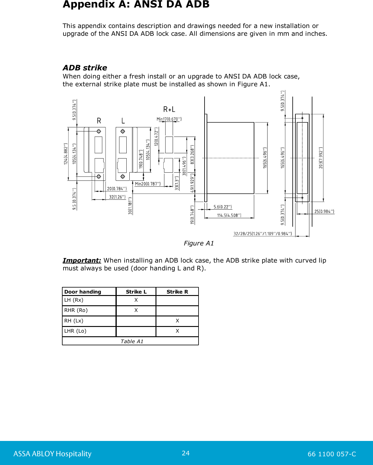 24ASSA ABLOY Hospitality 66 1100 057-CAppendix A: ANSI DA ADBThis appendix contains description and drawings needed for a new installation orupgrade of the ANSI DA ADB lock case. All dimensions are given in mm and inches.ADB strikeWhen doing either a fresh install or an upgrade to ANSI DA ADB lock case, the external strike plate must be installed as shown in Figure A1.Figure A1Important: When installing an ADB lock case, the ADB strike plate with curved lipmust always be used (door handing L and R).Door handingStrike LStrike RLH (Rx)XRHR (Ro)XRH (Lx)XLHR (Lo)X                              Table A1
