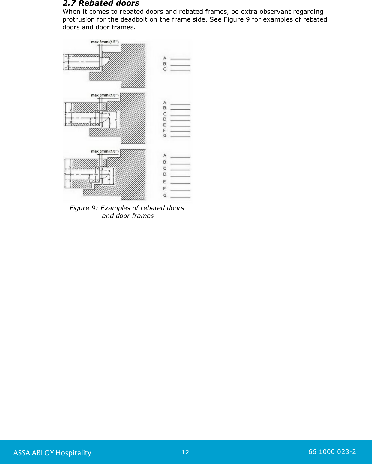 12ASSA ABLOY Hospitality 66 1000 023-22.7 Rebated doorsWhen it comes to rebated doors and rebated frames, be extra observant regardingprotrusion for the deadbolt on the frame side. See Figure 9 for examples of rebateddoors and door frames.Figure 9: Examples of rebated doors and door frames