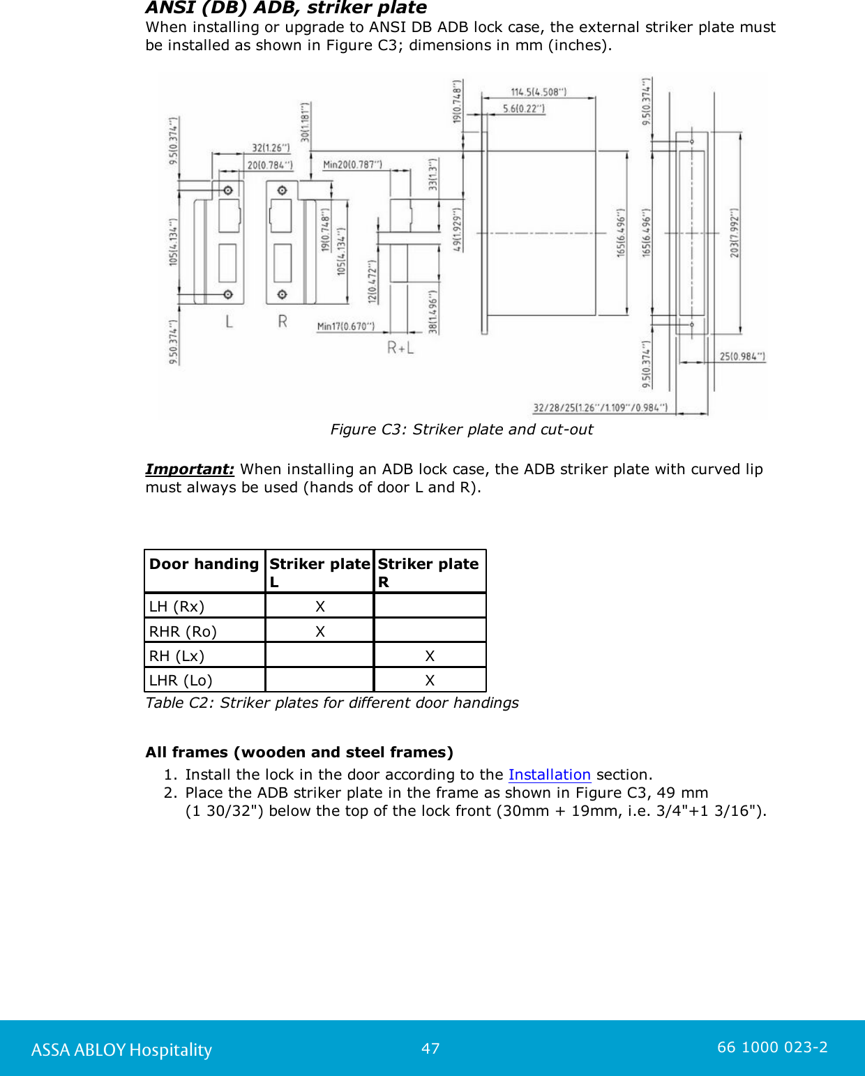 47ASSA ABLOY Hospitality 66 1000 023-2ANSI (DB) ADB, striker plateWhen installing or upgrade to ANSI DB ADB lock case, the external striker plate mustbe installed as shown in Figure C3; dimensions in mm (inches). Figure C3: Striker plate and cut-outImportant: When installing an ADB lock case, the ADB striker plate with curved lipmust always be used (hands of door L and R).Door handingStriker plateLStriker plateRLH (Rx)XRHR (Ro)XRH (Lx)XLHR (Lo)XTable C2: Striker plates for different door handings  All frames (wooden and steel frames)1. Install the lock in the door according to the Installation section.2. Place the ADB striker plate in the frame as shown in Figure C3, 49 mm (1 30/32&quot;) below the top of the lock front (30mm + 19mm, i.e. 3/4&quot;+1 3/16&quot;).