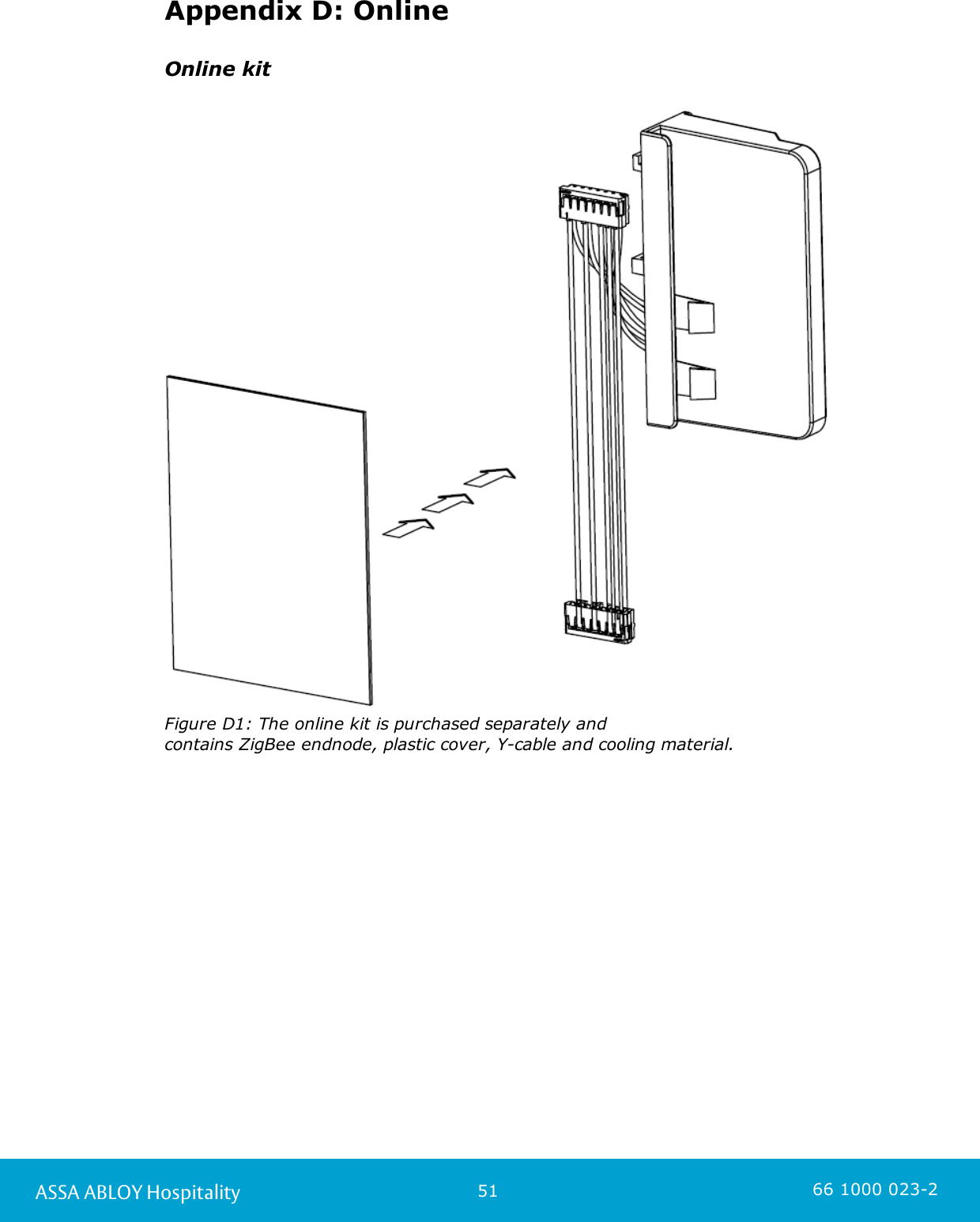 51ASSA ABLOY Hospitality 66 1000 023-2Appendix D: OnlineOnline kitFigure D1: The online kit is purchased separately and contains ZigBee endnode, plastic cover, Y-cable and cooling material. 