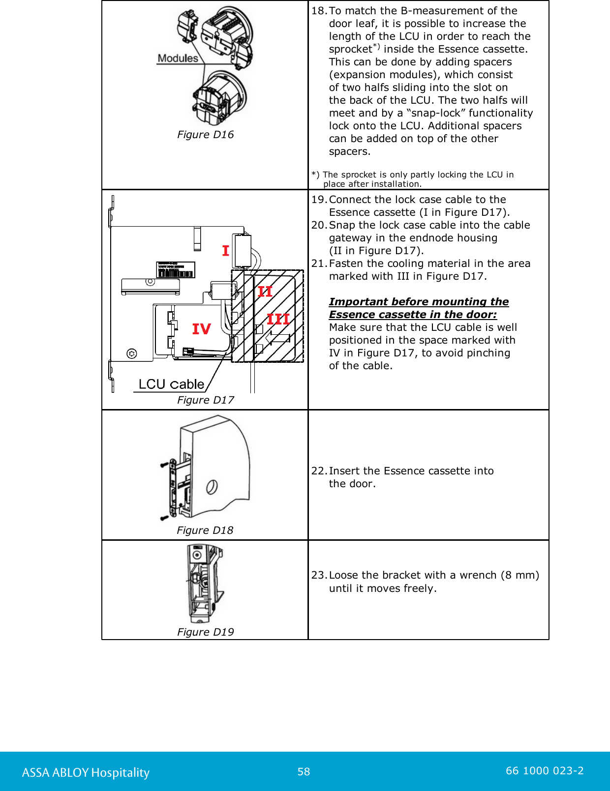 58ASSA ABLOY Hospitality 66 1000 023-2Figure D1618.To match the B-measurement of the door leaf, it is possible to increase thelength of the LCU in order to reach thesprocket*) inside the Essence cassette.This can be done by adding spacers(expansion modules), which consist of two halfs sliding into the slot on the back of the LCU. The two halfs willmeet and by a “snap-lock” functionalitylock onto the LCU. Additional spacers can be added on top of the other spacers. *) The sprocket is only partly locking the LCU in     place after installation.Figure D1719.Connect the lock case cable to the Essence cassette (I in Figure D17).20.Snap the lock case cable into the cablegateway in the endnode housing (II in Figure D17). 21.Fasten the cooling material in the areamarked with III in Figure D17.Important before mounting theEssence cassette in the door: Make sure that the LCU cable is wellpositioned in the space marked with IV in Figure D17, to avoid pinching of the cable. Figure D1822.Insert the Essence cassette into the door. Figure D1923.Loose the bracket with a wrench (8 mm)until it moves freely. 