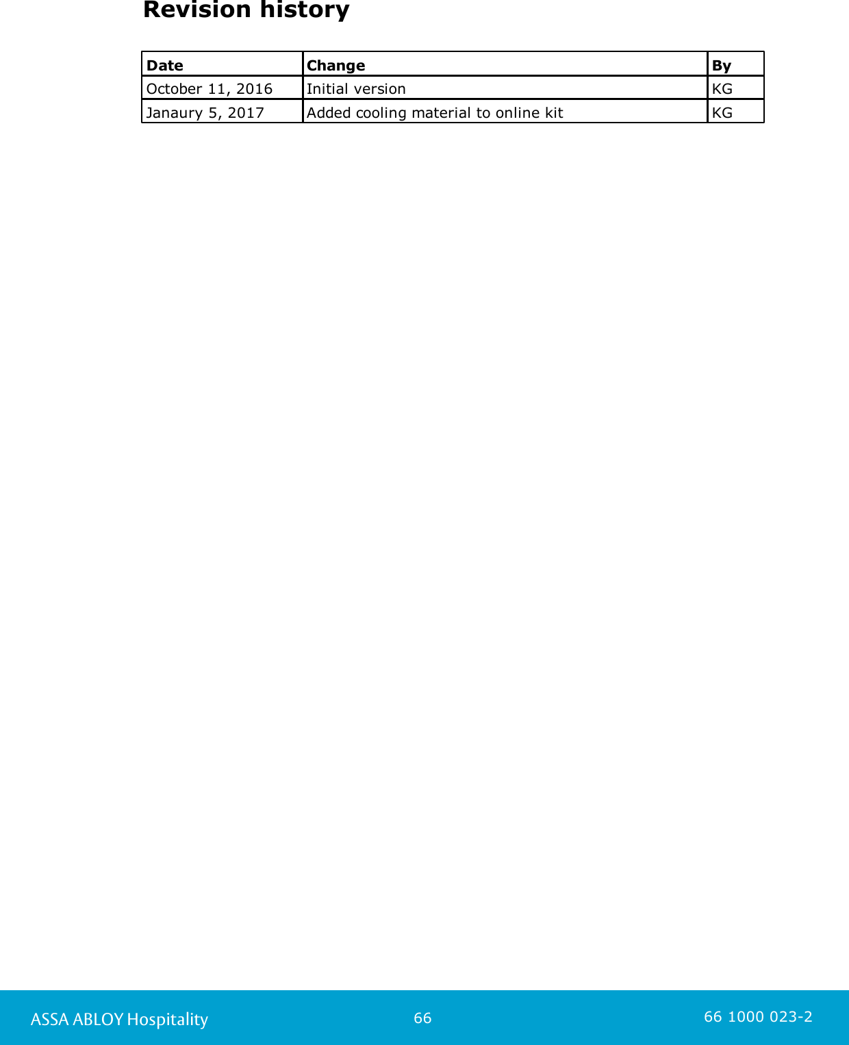 66ASSA ABLOY Hospitality 66 1000 023-2Revision historyDateChangeByOctober 11, 2016Initial versionKGJanaury 5, 2017Added cooling material to online kitKG