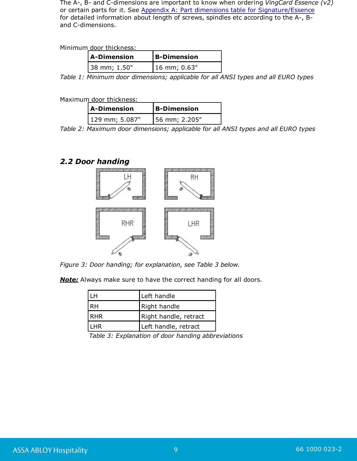 9ASSA ABLOY Hospitality 66 1000 023-2The A-, B- and C-dimensions are important to know when ordering VingCard Essence (v2)or certain parts for it. See Appendix A: Part dimensions table for Signature/Essence for detailed information about length of screws, spindles etc according to the A-, B- and C-dimensions.                                                                     Minimum door thickness:A-DimensionB-Dimension38 mm; 1.50&quot;16 mm; 0.63&quot;Table 1: Minimum door dimensions; applicable for all ANSI types and all EURO types Maximum door thickness:A-DimensionB-Dimension129 mm; 5.087&quot;56 mm; 2.205&quot;Table 2: Maximum door dimensions; applicable for all ANSI types and all EURO types 2.2 Door handing                Figure 3: Door handing; for explanation, see Table 3 below. Note: Always make sure to have the correct handing for all doors.LHLeft handleRHRight handleRHRRight handle, retractLHRLeft handle, retract               Table 3: Explanation of door handing abbreviations