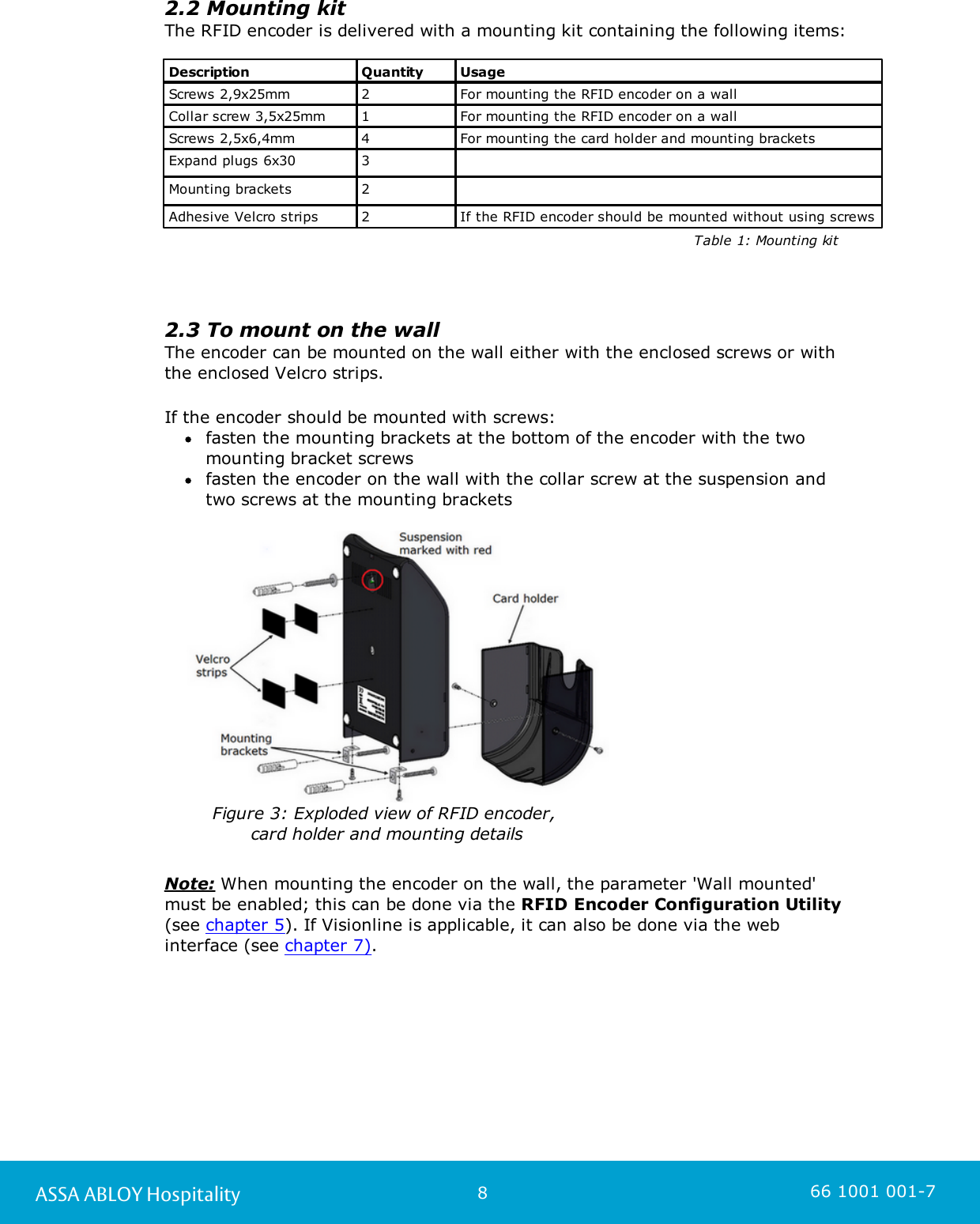 8ASSA ABLOY Hospitality 66 1001 001-72.2 Mounting kitThe RFID encoder is delivered with a mounting kit containing the following items:DescriptionQuantityUsageScrews 2,9x25mm2For mounting the RFID encoder on a wallCollar screw 3,5x25mm 1For mounting the RFID encoder on a wallScrews 2,5x6,4mm4For mounting the card holder and mounting bracketsExpand plugs 6x303Mounting brackets2Adhesive Velcro strips2If the RFID encoder should be mounted without using screws                                                                                            Table 1: Mounting kit2.3 To mount on the wallThe encoder can be mounted on the wall either with the enclosed screws or with the enclosed Velcro strips. If the encoder should be mounted with screws:fasten the mounting brackets at the bottom of the encoder with the twomounting bracket screwsfasten the encoder on the wall with the collar screw at the suspension and two screws at the mounting bracketsFigure 3: Exploded view of RFID encoder, card holder and mounting detailsNote: When mounting the encoder on the wall, the parameter &apos;Wall mounted&apos; must be enabled; this can be done via the RFID Encoder Configuration Utility (see chapter 5). If Visionline is applicable, it can also be done via the web interface (see chapter 7).