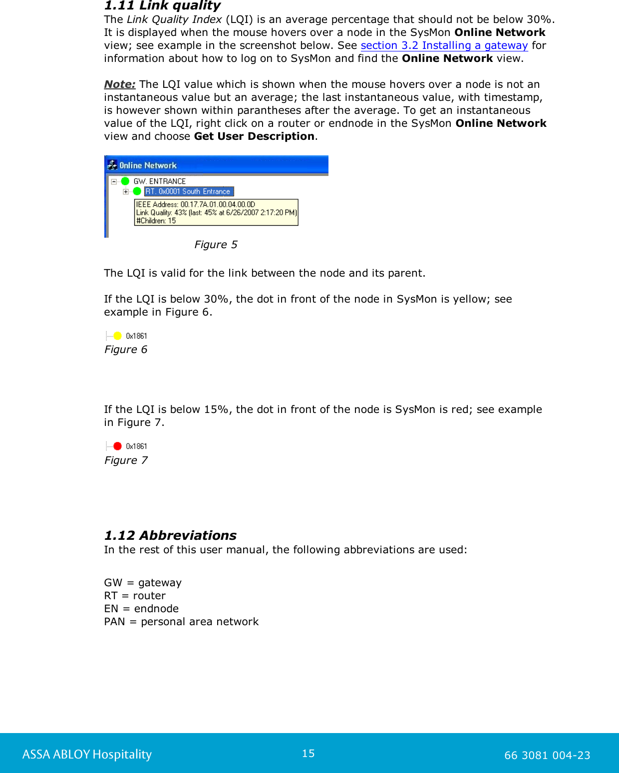 15ASSA ABLOY Hospitality 66 3081 004-231.11 Link qualityThe Link Quality Index (LQI) is an average percentage that should not be below 30%.It is displayed when the mouse hovers over a node in the SysMon Online Networkview; see example in the screenshot below. See section 3.2 Installing a gateway forinformation about how to log on to SysMon and find the Online Network view. Note: The LQI value which is shown when the mouse hovers over a node is not aninstantaneous value but an average; the last instantaneous value, with timestamp, is however shown within parantheses after the average. To get an instantaneousvalue of the LQI, right click on a router or endnode in the SysMon Online Networkview and choose Get User Description. Figure 5The LQI is valid for the link between the node and its parent.If the LQI is below 30%, the dot in front of the node in SysMon is yellow; seeexample in Figure 6. Figure 6If the LQI is below 15%, the dot in front of the node is SysMon is red; see example in Figure 7.Figure 71.12 AbbreviationsIn the rest of this user manual, the following abbreviations are used:GW = gatewayRT = routerEN = endnodePAN = personal area network