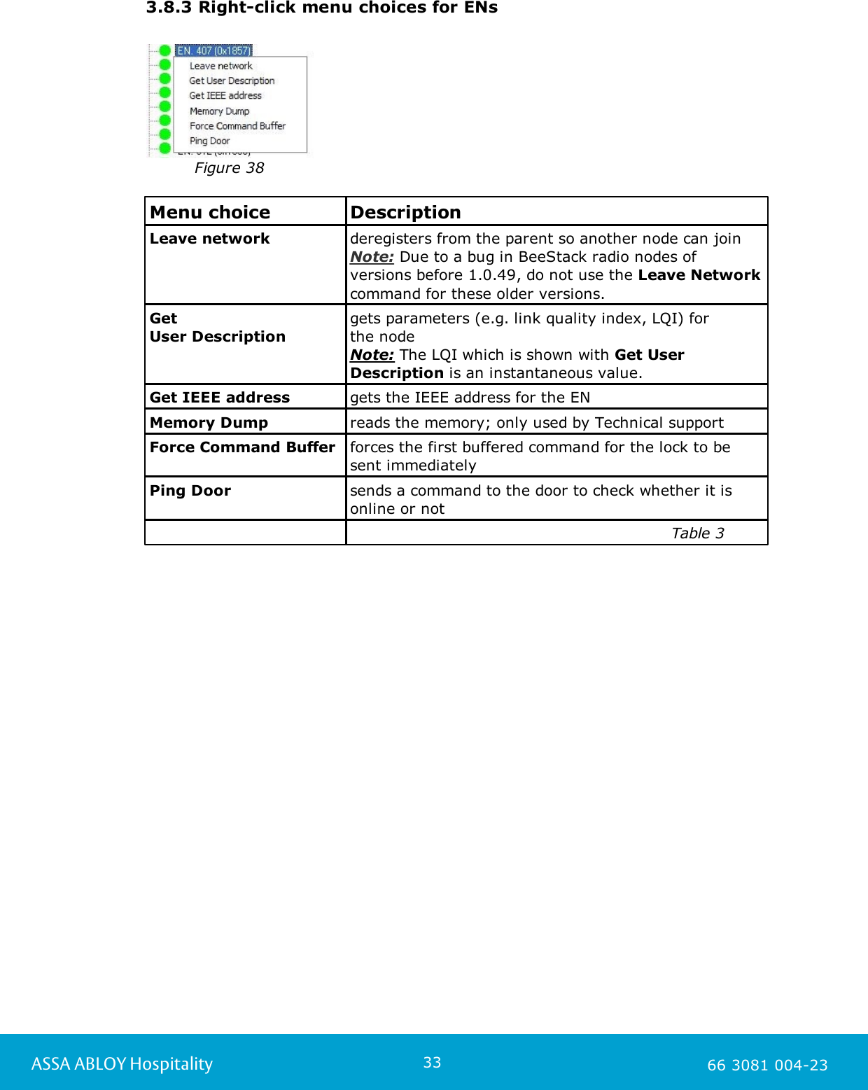 33ASSA ABLOY Hospitality 66 3081 004-233.8.3 Right-click menu choices for ENsFigure 38Menu choiceDescriptionLeave networkderegisters from the parent so another node can joinNote: Due to a bug in BeeStack radio nodes ofversions before 1.0.49, do not use the Leave Networkcommand for these older versions. Get User Descriptiongets parameters (e.g. link quality index, LQI) for the nodeNote: The LQI which is shown with Get UserDescription is an instantaneous value. Get IEEE addressgets the IEEE address for the EN Memory Dumpreads the memory; only used by Technical supportForce Command Bufferforces the first buffered command for the lock to be sent immediatelyPing Doorsends a command to the door to check whether it isonline or not                                                               Table 3                                                                                                       