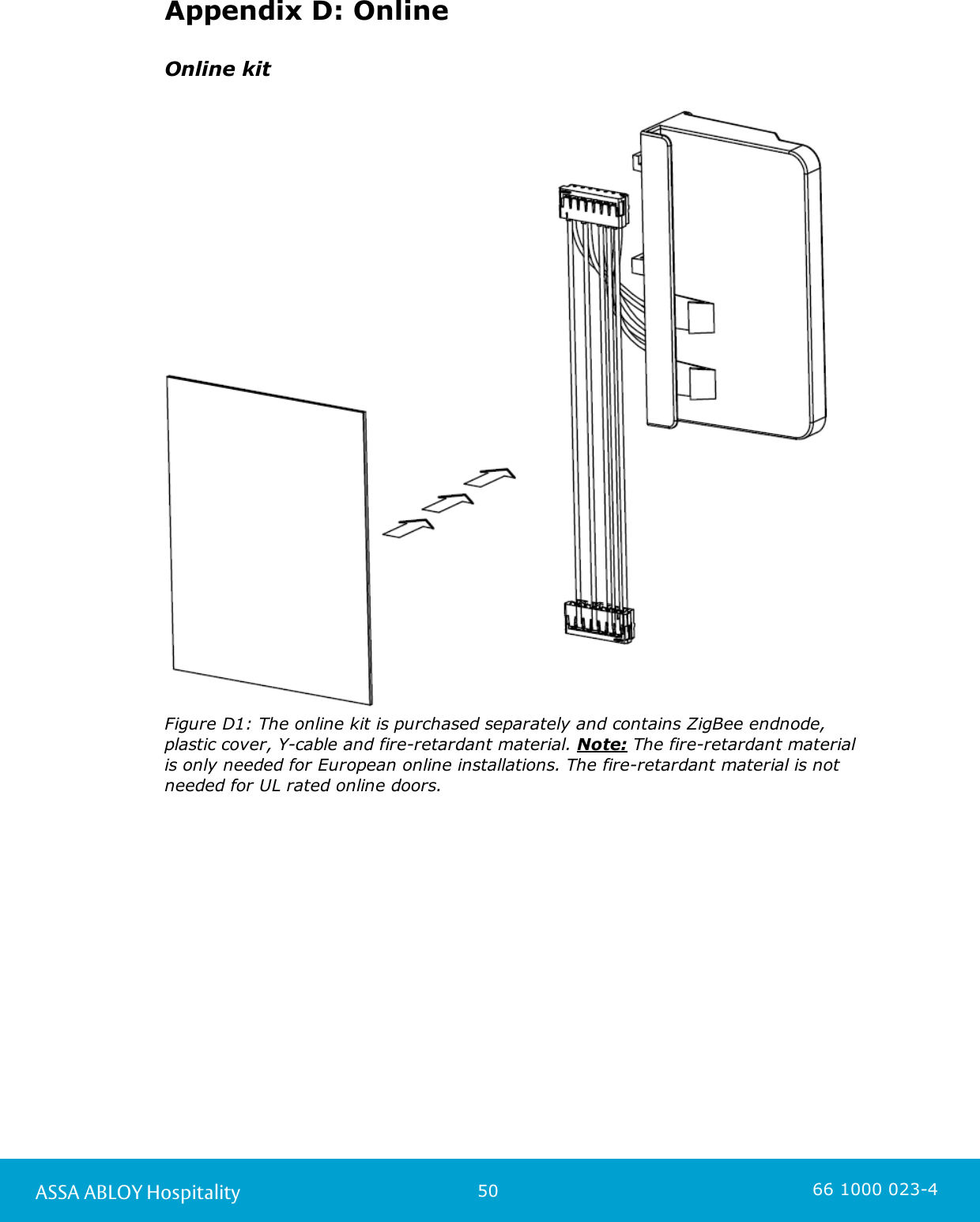 50ASSA ABLOY Hospitality 66 1000 023-4Appendix D: OnlineOnline kitFigure D1: The online kit is purchased separately and contains ZigBee endnode, plastic cover, Y-cable and fire-retardant material. Note: The fire-retardant material is only needed for European online installations. The fire-retardant material is notneeded for UL rated online doors. 