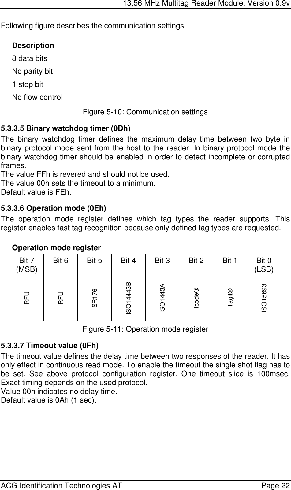 13,56 MHz Multitag Reader Module, Version 0.9v  ACG Identification Technologies AT    Page 22 Following figure describes the communication settings  Description 8 data bits No parity bit 1 stop bit No flow control Figure 5-10: Communication settings 5.3.3.5 Binary watchdog timer (0Dh) The binary watchdog timer defines the maximum delay time between two byte in binary protocol mode sent from the host to the reader. In binary protocol mode the binary watchdog timer should be enabled in order to detect incomplete or corrupted frames. The value FFh is revered and should not be used. The value 00h sets the timeout to a minimum. Default value is FEh. 5.3.3.6 Operation mode (0Eh) The operation mode register defines which tag types the reader supports. This register enables fast tag recognition because only defined tag types are requested.  Operation mode register Bit 7 (MSB)  Bit 6  Bit 5  Bit 4  Bit 3  Bit 2  Bit 1  Bit 0 (LSB) RFU RFU SR176 ISO14443B ISO1443A Icode® Tagit® ISO15693 Figure 5-11: Operation mode register 5.3.3.7 Timeout value (0Fh) The timeout value defines the delay time between two responses of the reader. It has only effect in continuous read mode. To enable the timeout the single shot flag has to be set. See above protocol configuration register. One timeout slice is 100msec. Exact timing depends on the used protocol. Value 00h indicates no delay time. Default value is 0Ah (1 sec). 